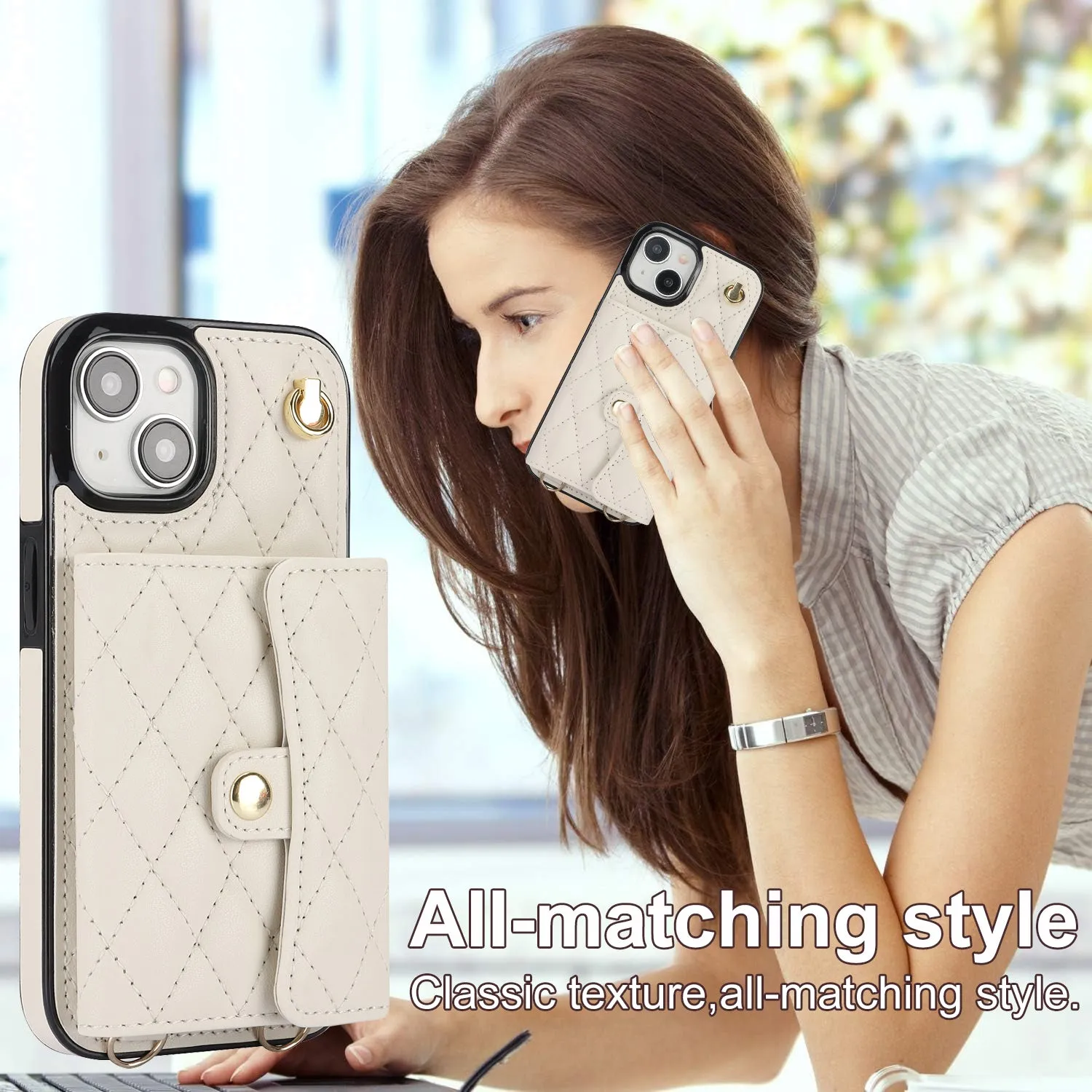 026 For iPhone 15 Plus PU Leather TPU RFID Blocking Phone Case Card Holder Kickstand Cover with 2 Straps