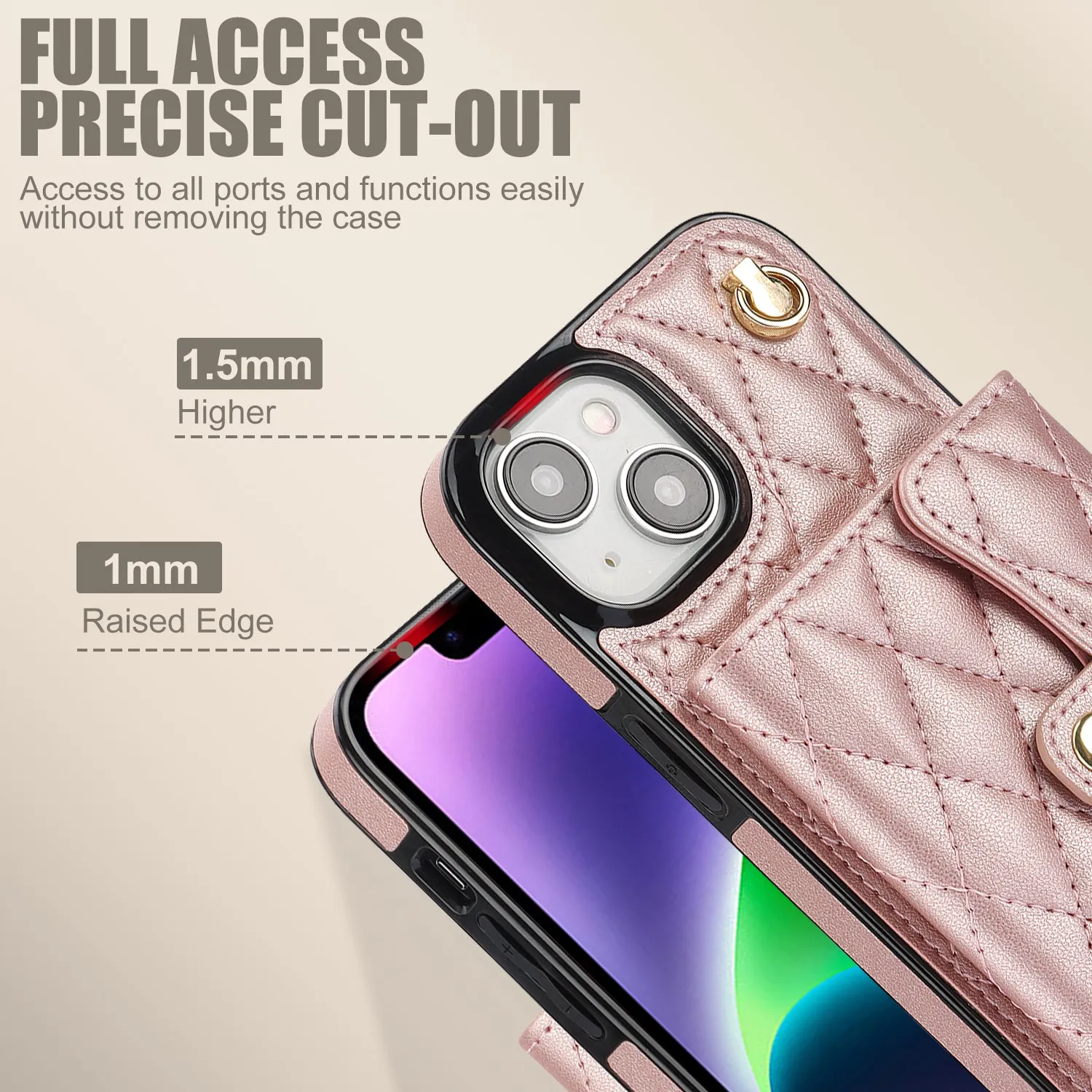 026 For iPhone 15 Plus PU Leather TPU RFID Blocking Phone Case Card Holder Kickstand Cover with 2 Straps
