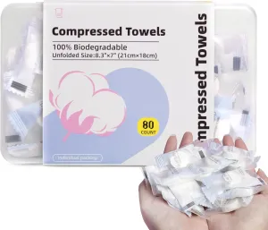 80PCS Compressed Towels, Disposable Tablet Tissues, Portable Mini Cotton Sheets for Travel, Camping, and Outdoor Activities