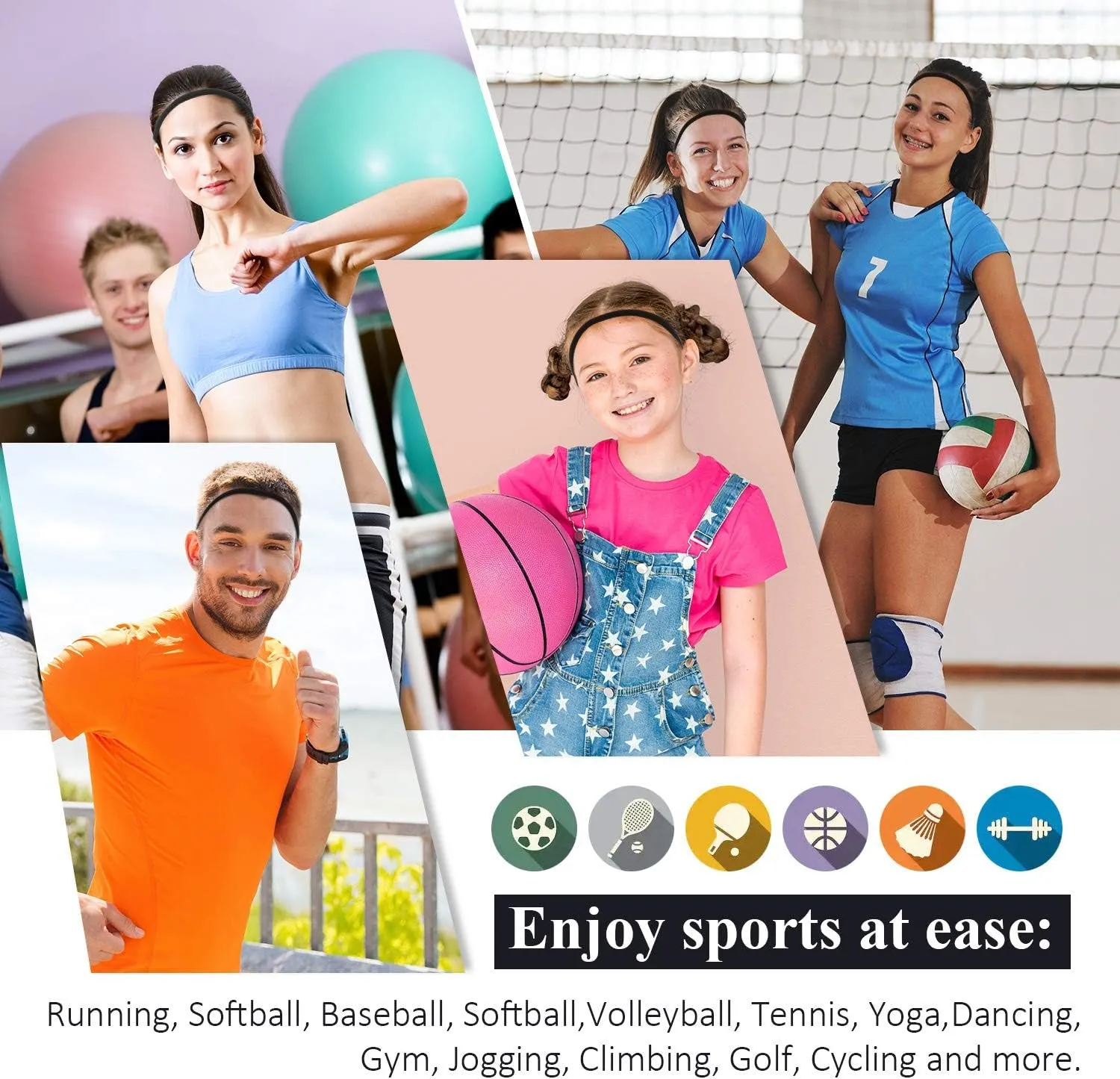 9 Pieces Thick Non-Slip Elastic Sport Headbands, Elastic Silicone Grip Exercise Hair and Sweatbands for Yoga