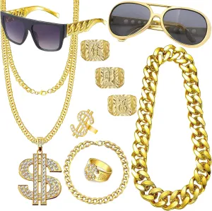 90s Hip Hop 80s Costumes Outfit Kit for Men Women Fake Gold Chain Necklace Dollar Sign Jewelry Rapper Accessories
