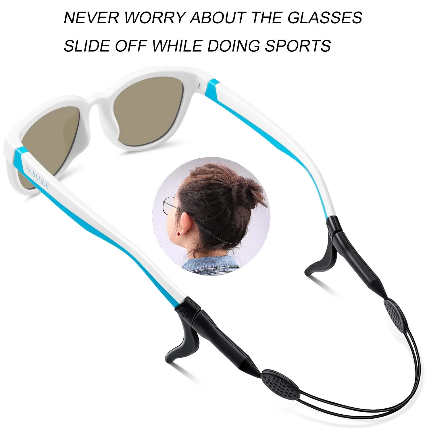ACBLUCE Kids Polarized Sunglasses Sport TPEE Unbreakable Frame with Adjustable Strap for Boys Girls Age 6-12 Bright Black/Blue Frame丨blue Revo Lense