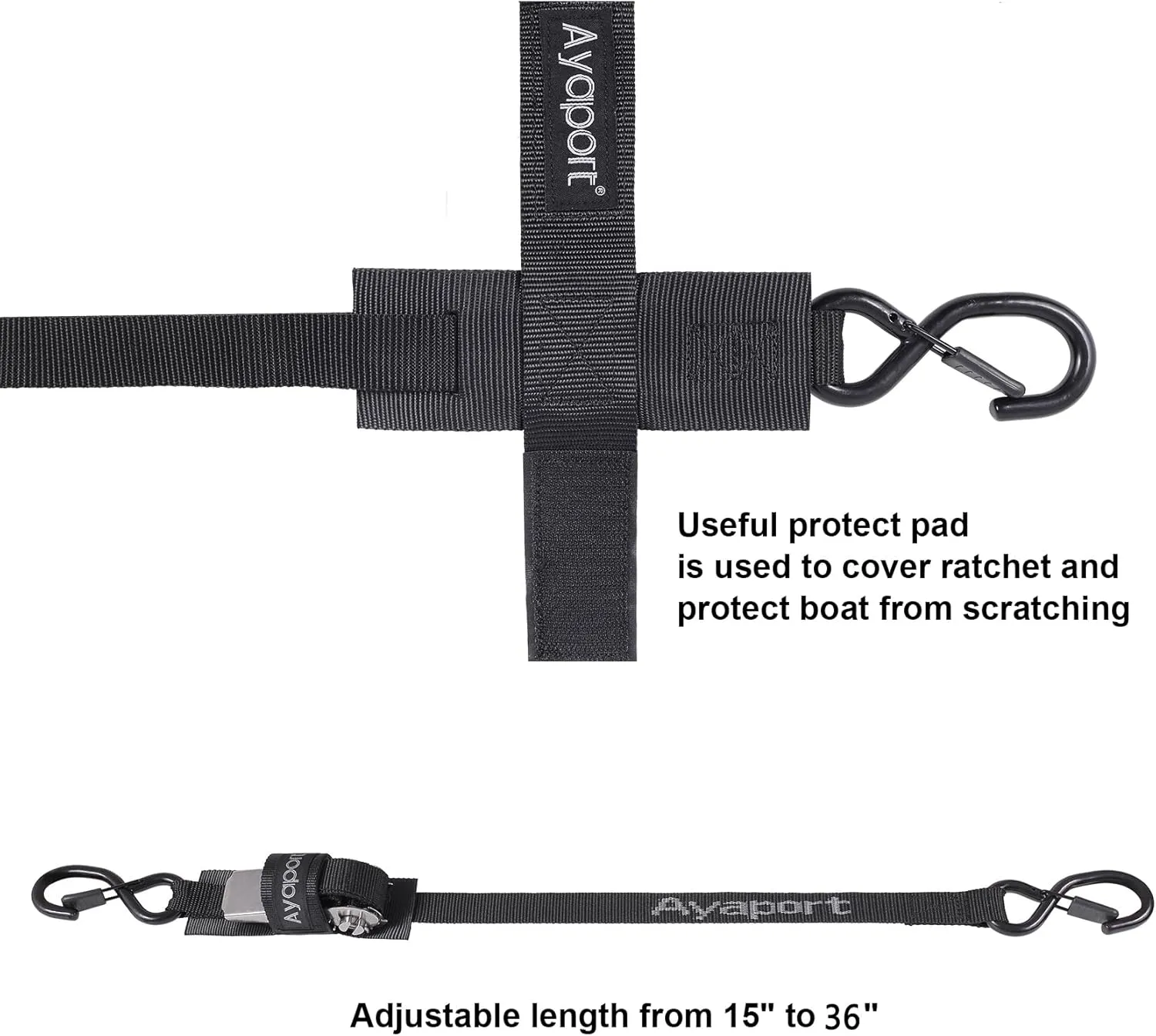 Ayaport Boat Tie Down Straps to Trailer (Stainless Steel Ratchet) 3 Feet, 2400lbs Break Strength Heavy Duty Ratchet Boat Straps, Boat Transom Boat Trailer Accessories for Boating Safety, Black