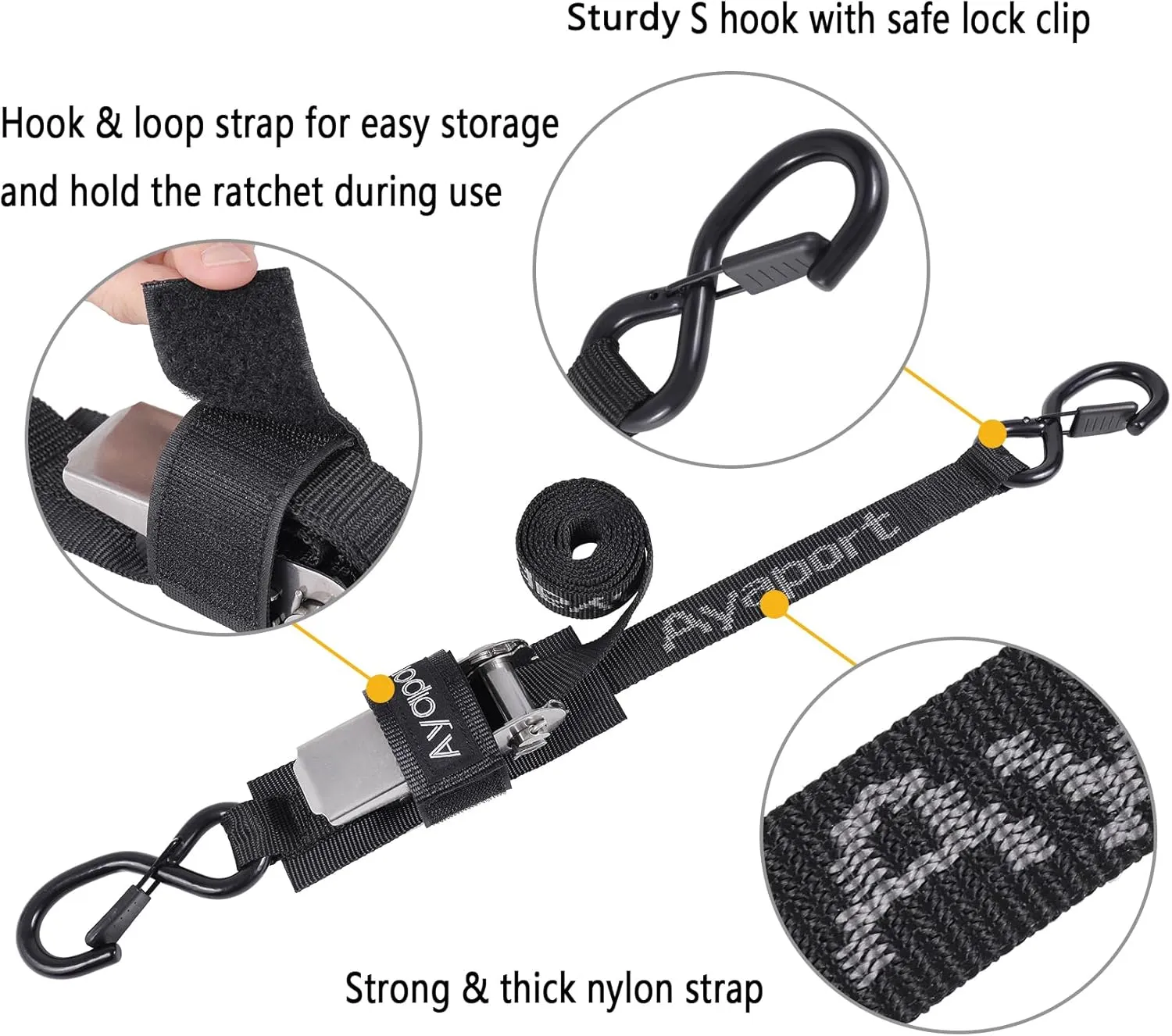 Ayaport Boat Tie Down Straps to Trailer (Stainless Steel Ratchet) 3 Feet, 2400lbs Break Strength Heavy Duty Ratchet Boat Straps, Boat Transom Boat Trailer Accessories for Boating Safety, Black