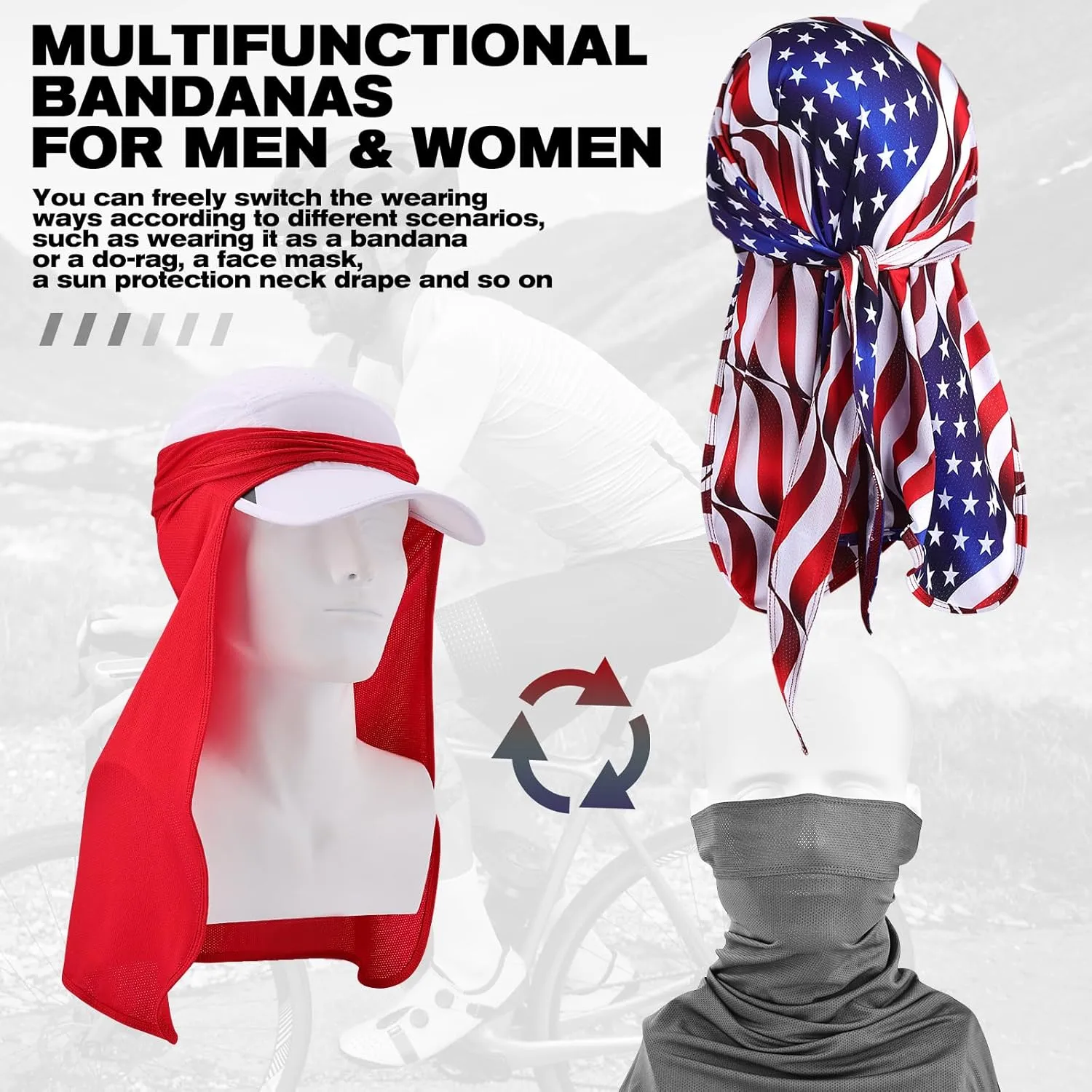 Bandanas Skull Caps for Men, Do Rag Women Breathable Helmet Liner, 3 in 1 Face Covering UV Sun Protection Neck Drape Durags