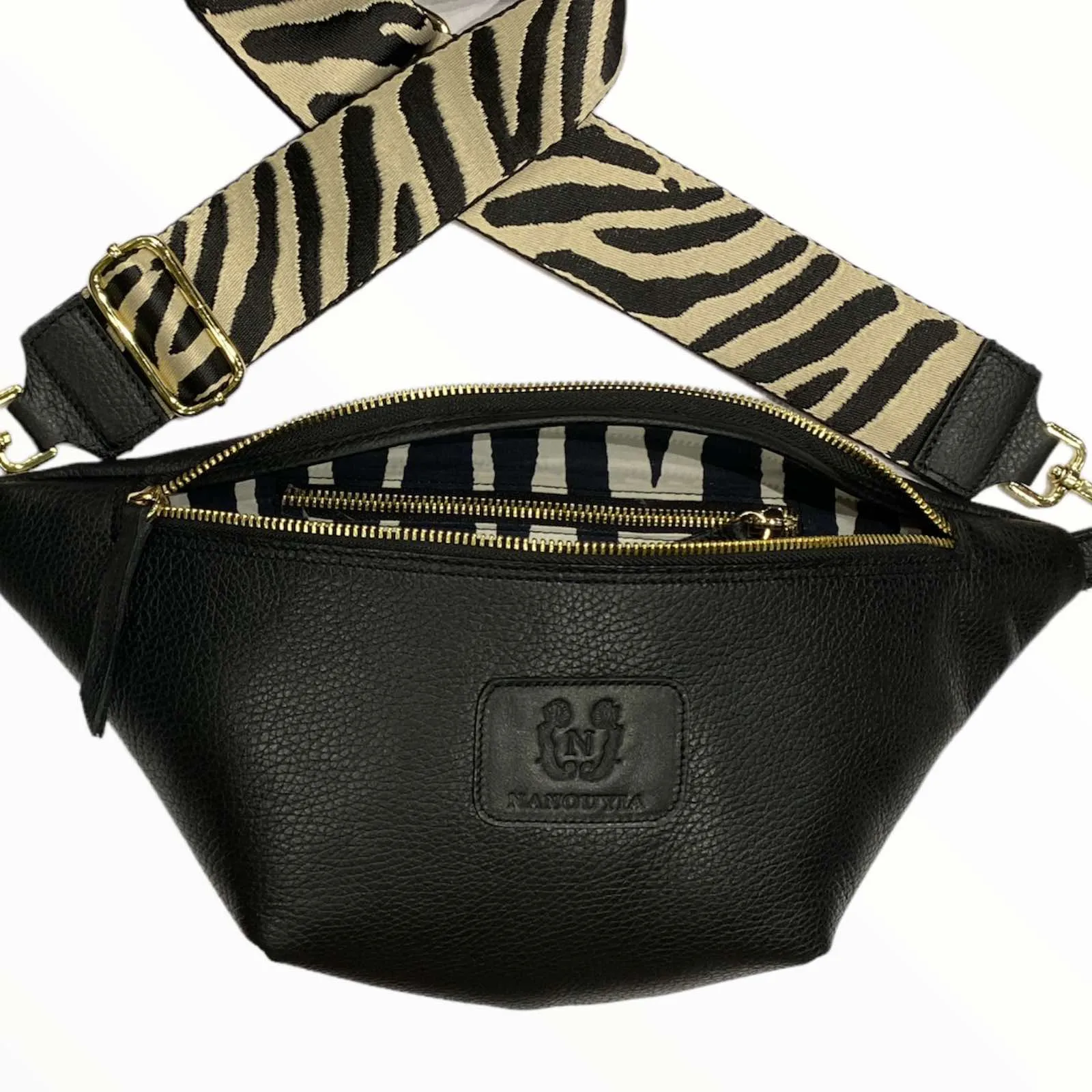 Black leather belt bag with gold metals