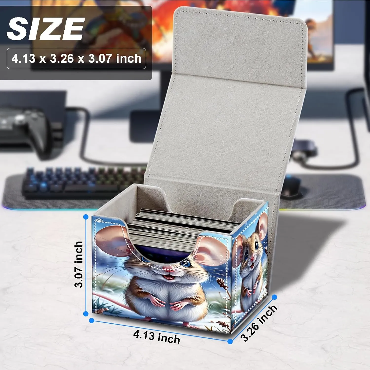 Card Deck Box for MTG Cards,100  Single Sleeved Cards Trading Card Deck Case,Strong Magnet Magic Gathering Deck Box,PU Leather Trading Card Storage Box for TCG,CCG,MTG Cards,Cute Mouse