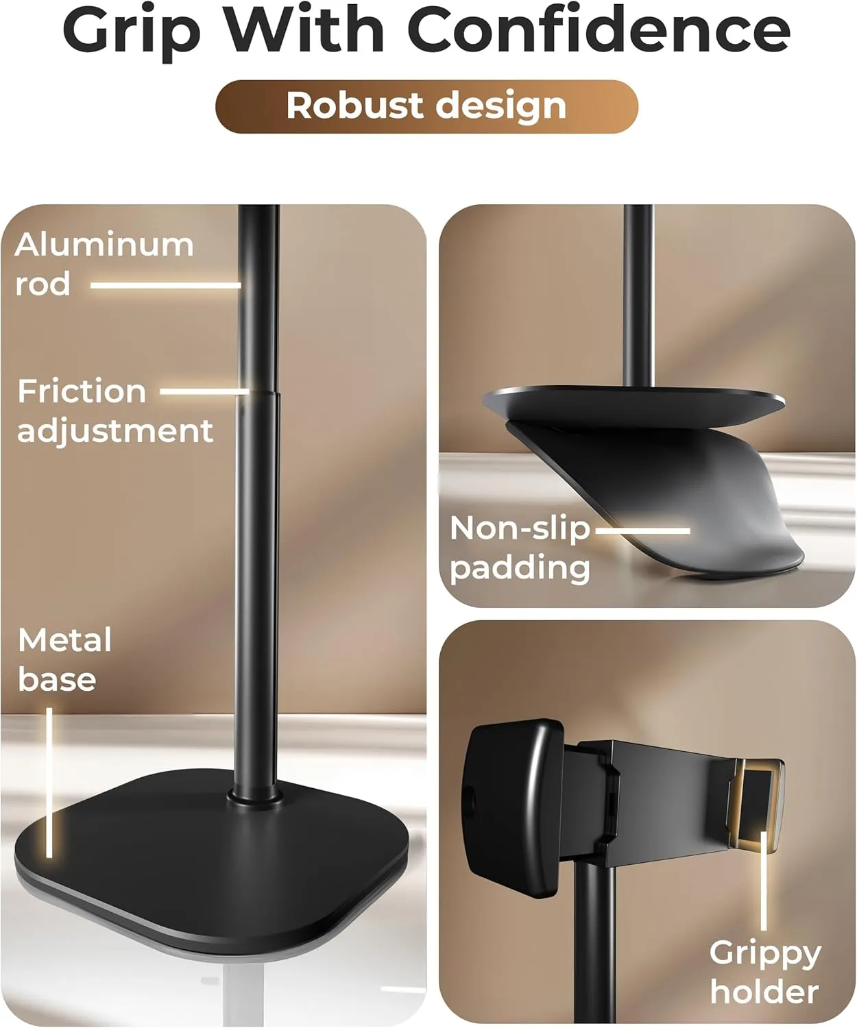 Cooper ChatStand Adjustable Cell Phone Stand for Desk & Video Recording, Rotating Cell Phone Holder for Desk for All iPhone, Samsung, Android, 9-14" Face-Level Metal Desktop Tripod (Night Black)