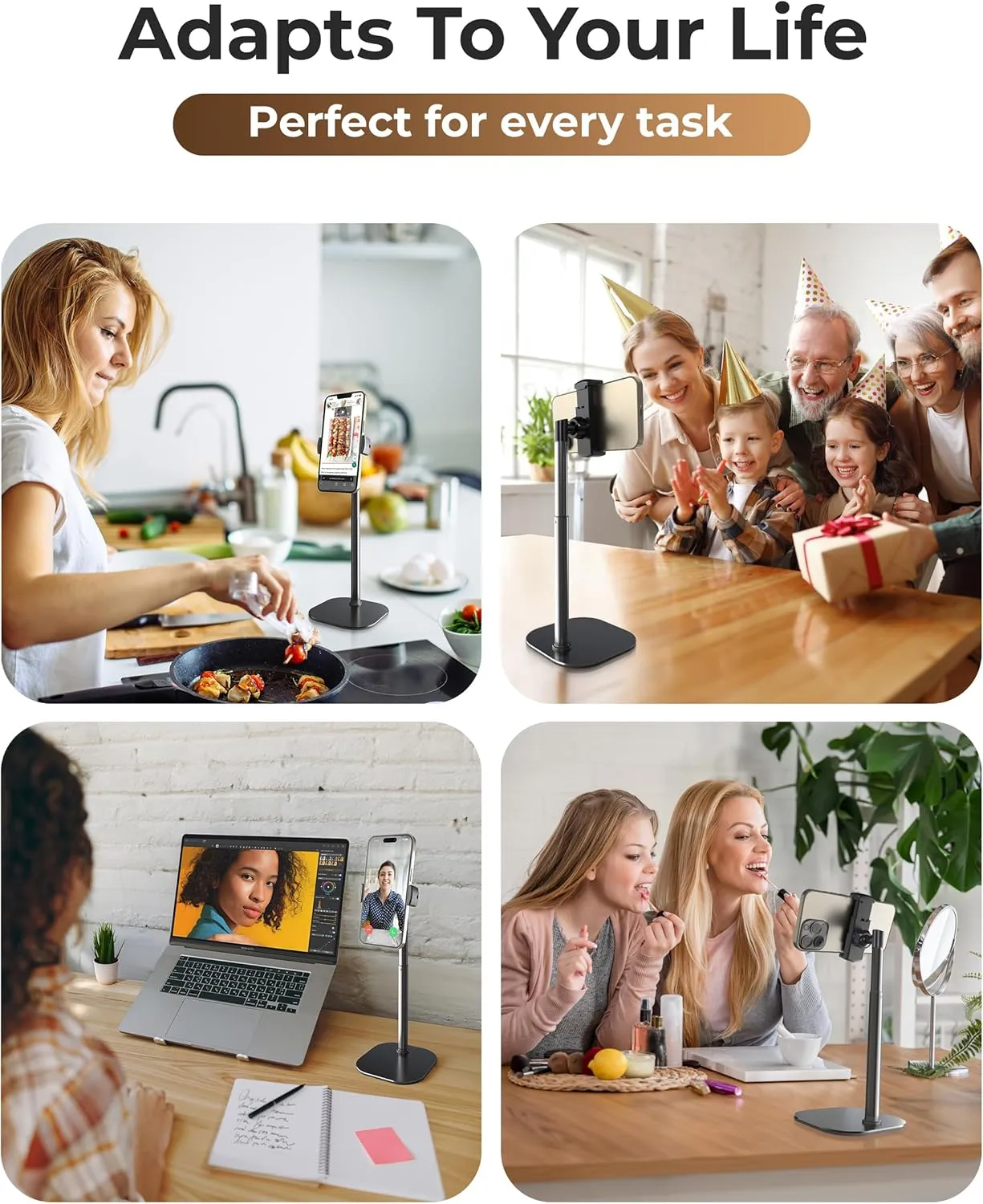 Cooper ChatStand Adjustable Cell Phone Stand for Desk & Video Recording, Rotating Cell Phone Holder for Desk for All iPhone, Samsung, Android, 9-14" Face-Level Metal Desktop Tripod (Night Black)