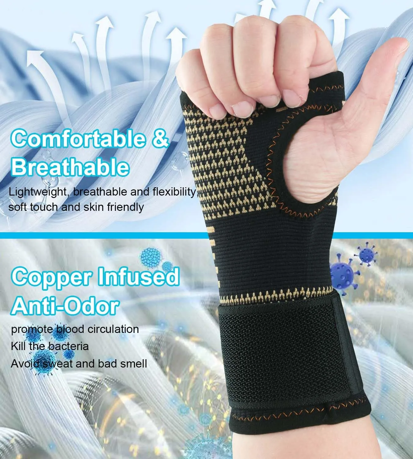 Copper Compression Wrist Brace Sleeves, Elastic Knitted Wrist Support Band for Carpal Tunnel, Wrist Pain, Arthritis, Tendonitis, Sport, Gym, Workout - Left & Right - Women/Men (1 Pcs,L)