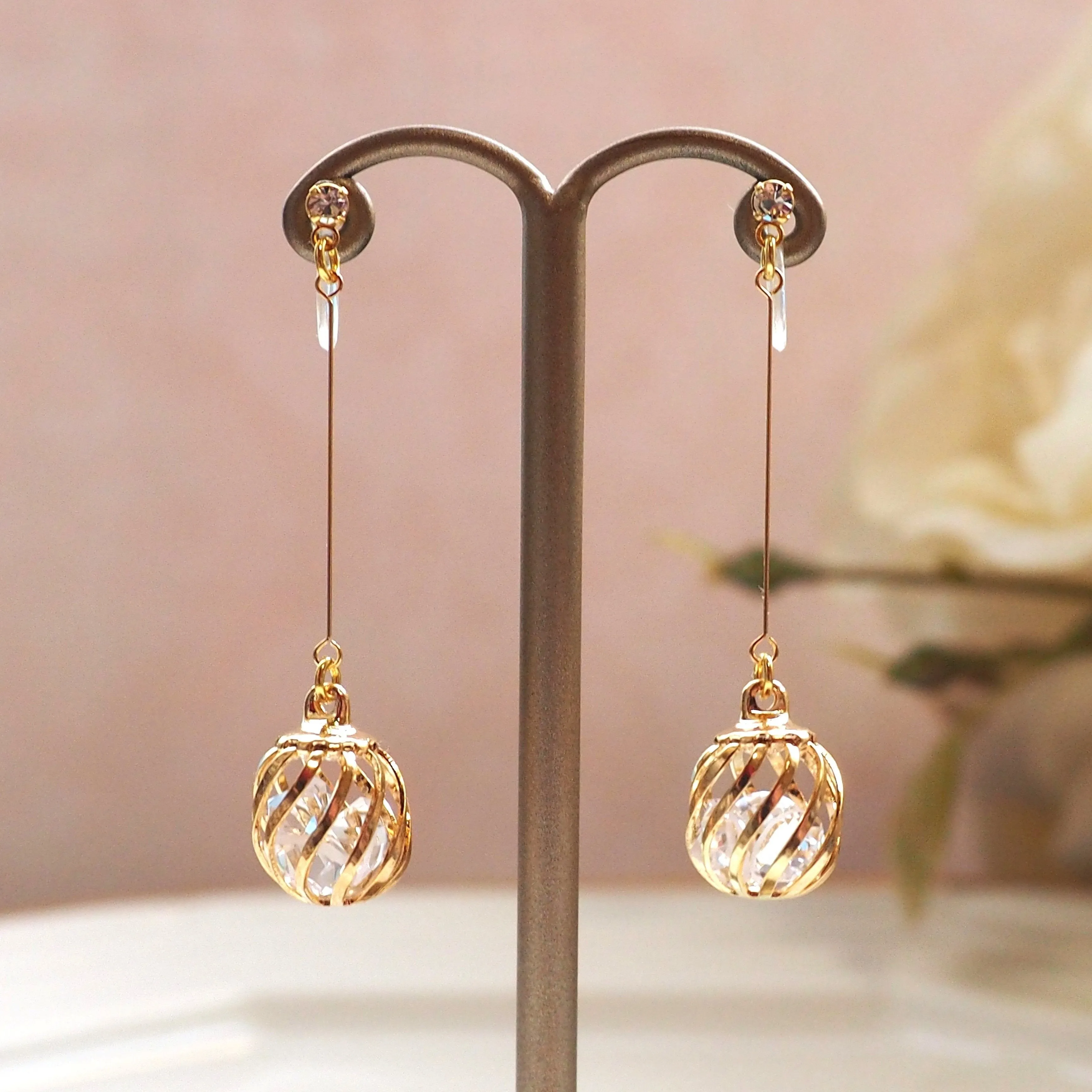 Dangle crystal in cage invisible clip on earrings