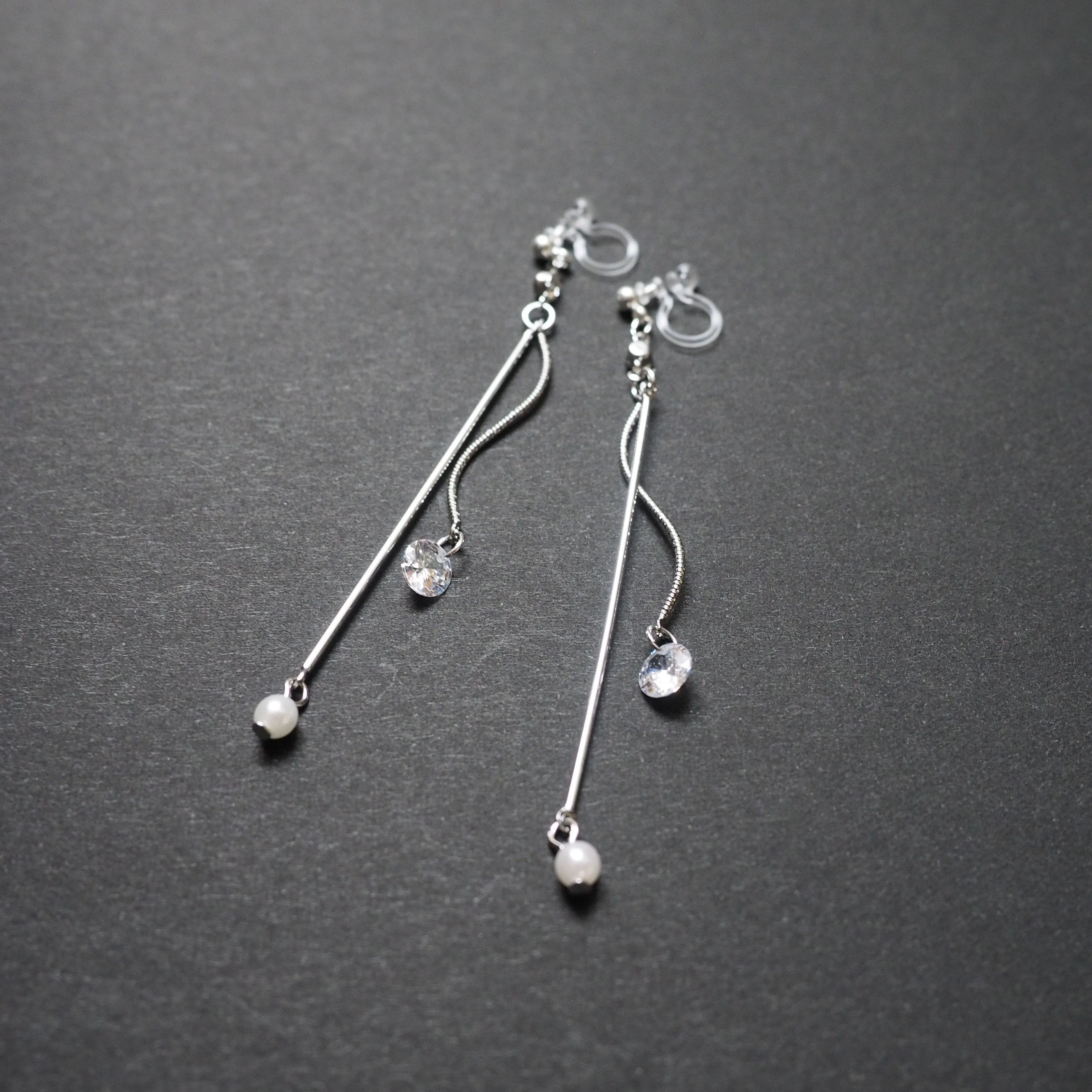 Dangle Silver Cubic Zirconia & Pearl Invisible Clip On Earrings