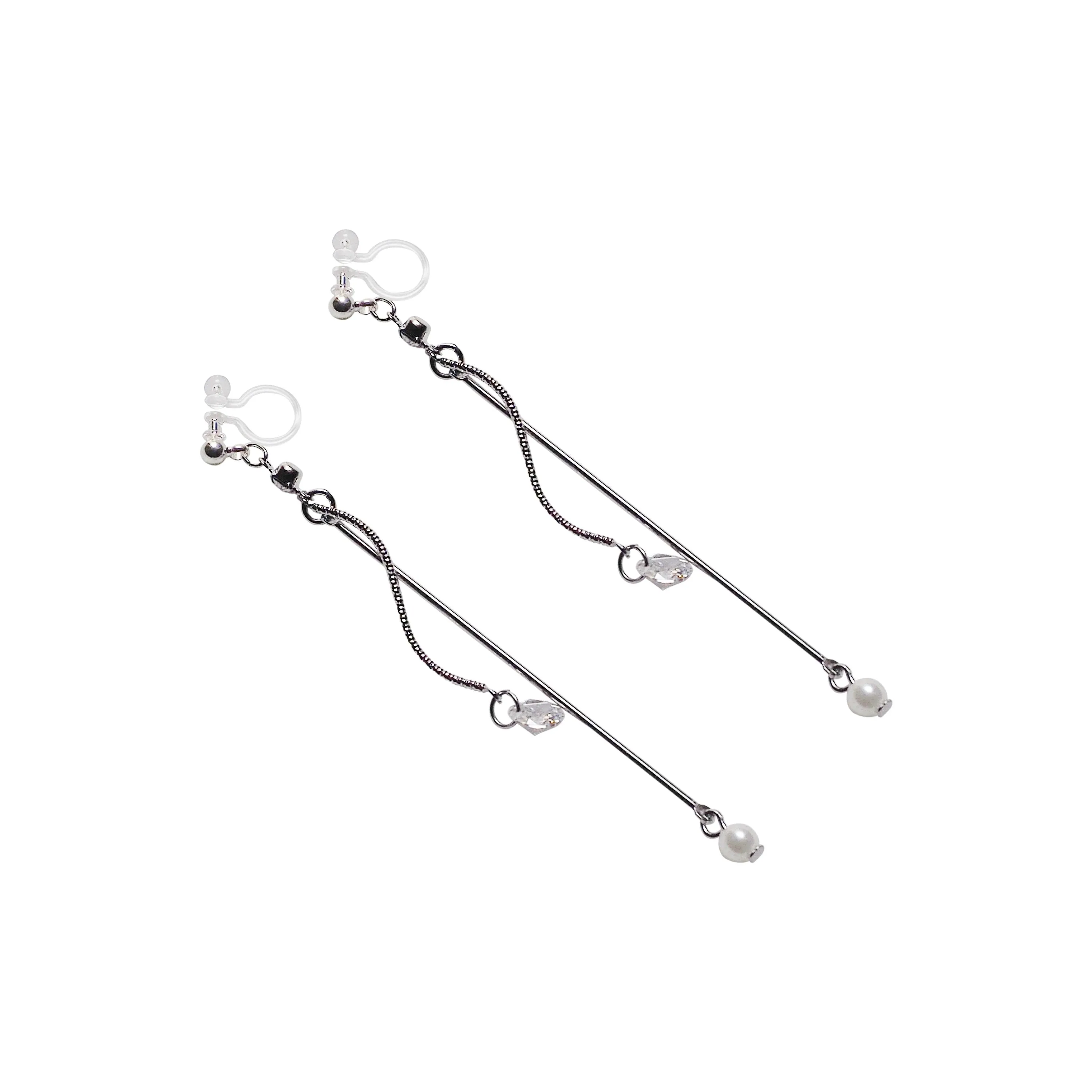 Dangle Silver Cubic Zirconia & Pearl Invisible Clip On Earrings