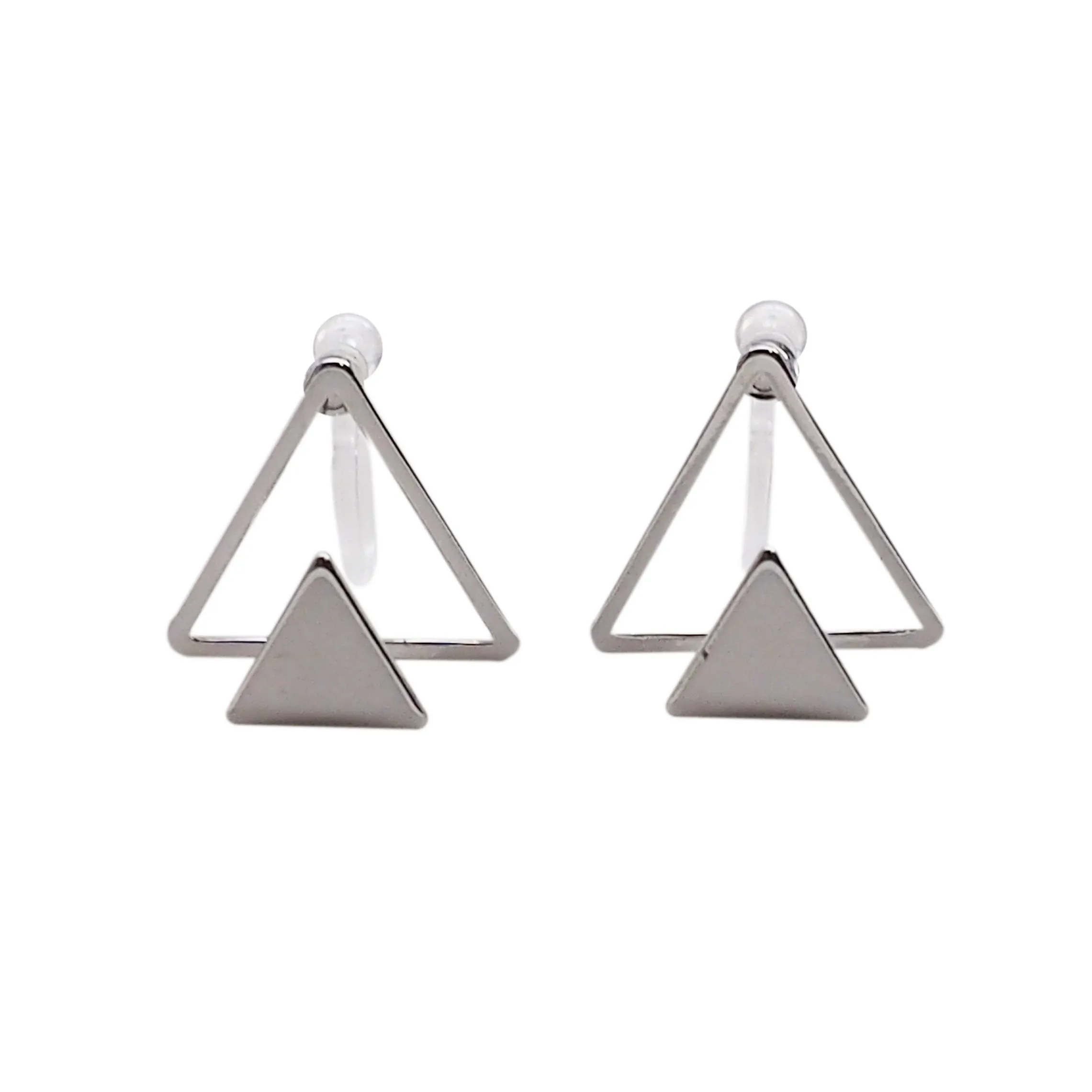 Dimentional Double Triangle Invisible clip on stud earrings ( Silver tone )