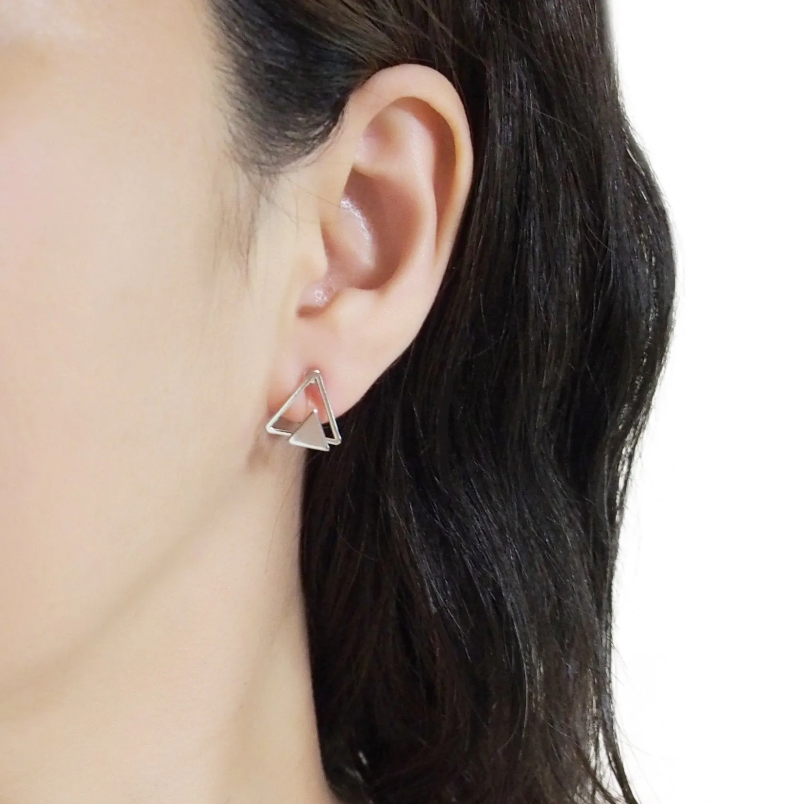Dimentional Double Triangle Invisible clip on stud earrings ( Silver tone )