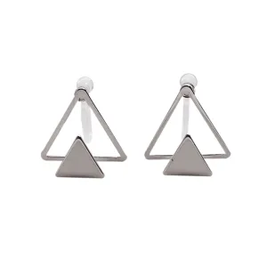 Dimentional Double Triangle Invisible clip on stud earrings ( Silver tone )