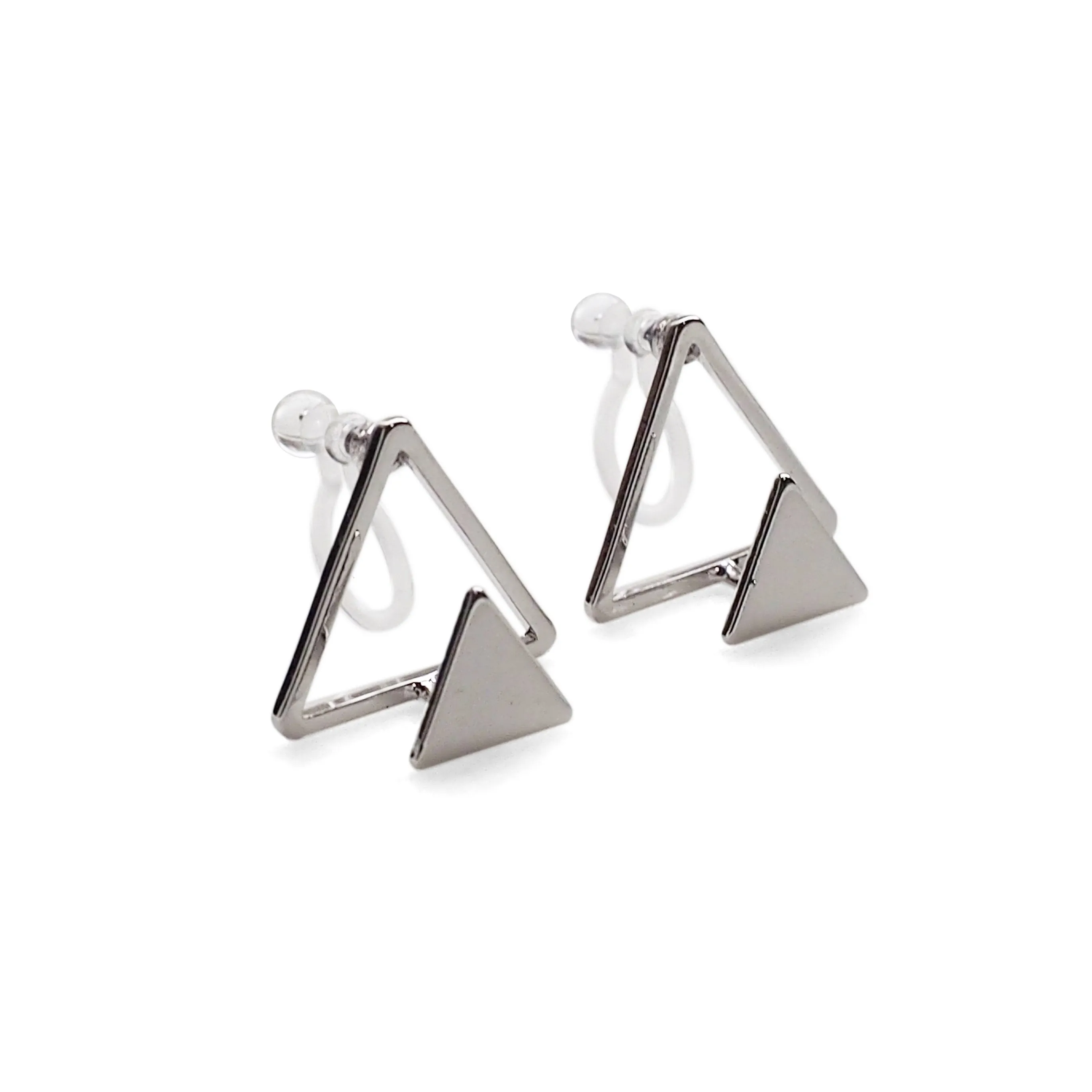 Dimentional Double Triangle Invisible clip on stud earrings ( Silver tone )