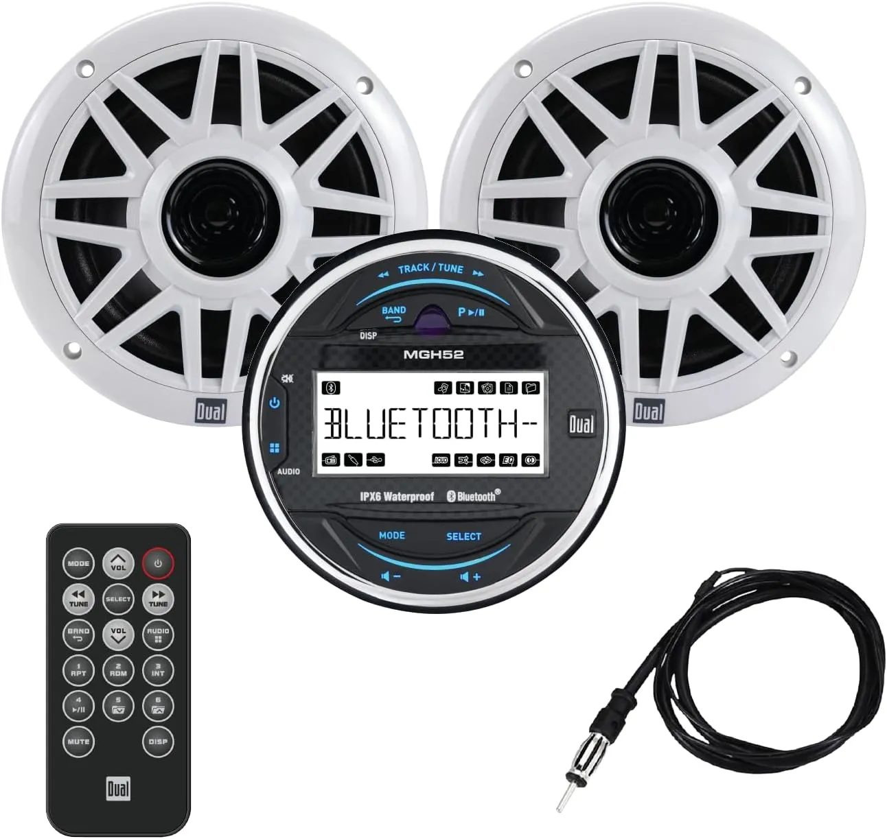 Dual Electronics MXPGH52 Marine Radio | Gauge Hole Media Receiver with Bluetooth | (2) 6.5" Marine Stereo Boat Speakers | Wireless Remote Control and Antenna Combo Pack