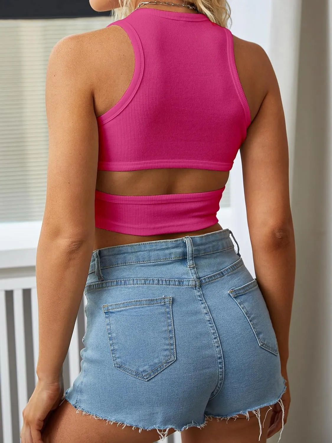 Dwnval Womens Summer Halter Tops Cutout Sleeveless Crewneck Racerback Ribbed Knitted Crop Tank Top