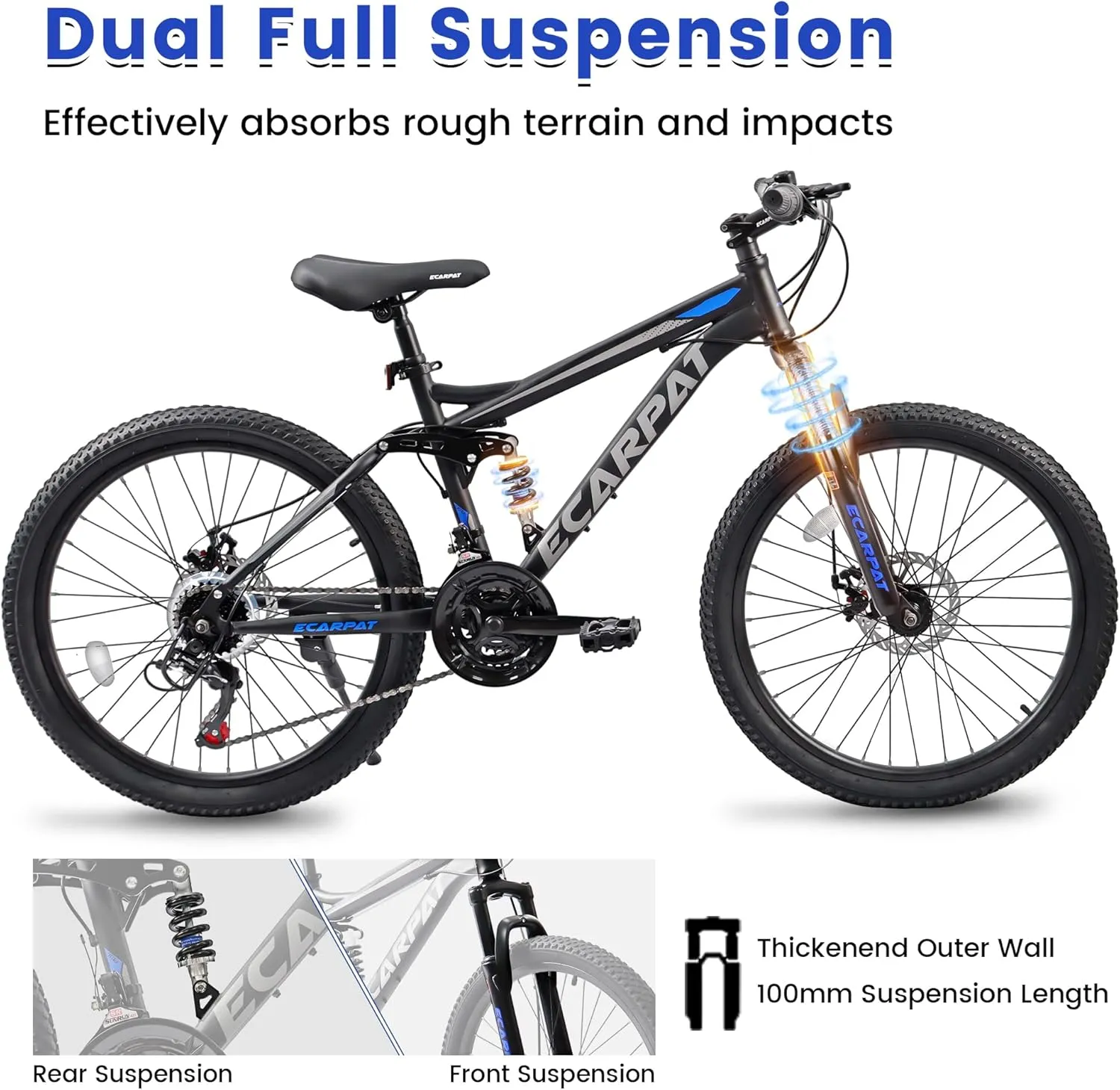 Ecarpat 24/26/27.5 Inch Mountain Bike, Dual/Front Suspension Mens Mountain Bike with 21 Speeds High-Carbon Steel Frame and Disc/V Brakes, Adult Sport Bicycle for Trail Snow Commuter City Road