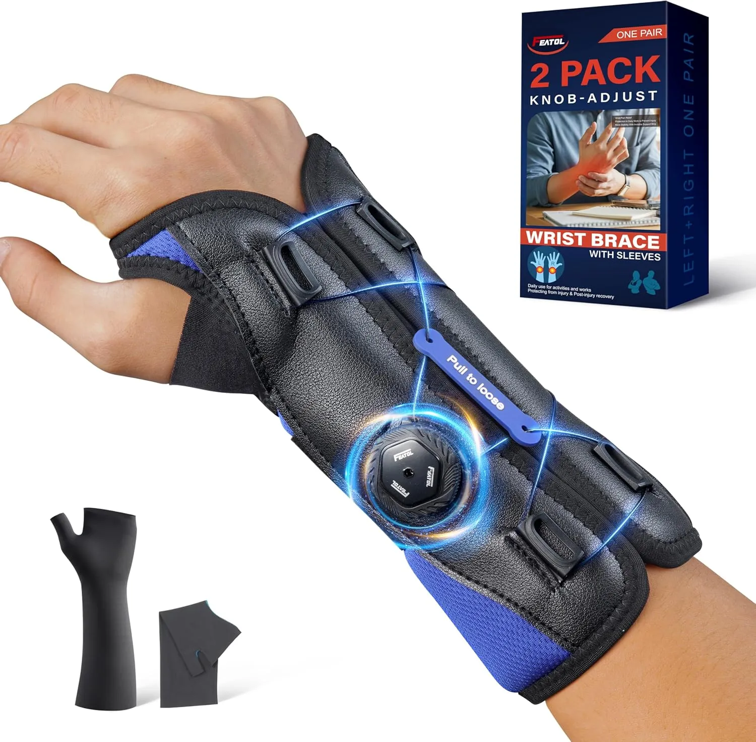 FEATOL 2 Pack Carpal Tunnel Wrist Brace for Night Support, Adjustable Hand Brace with Arm Socks for Tendonitis, Sprained, Arthritis Pain, Wrist Splint with Sleeves for Men & Women-Left & Right-Medium