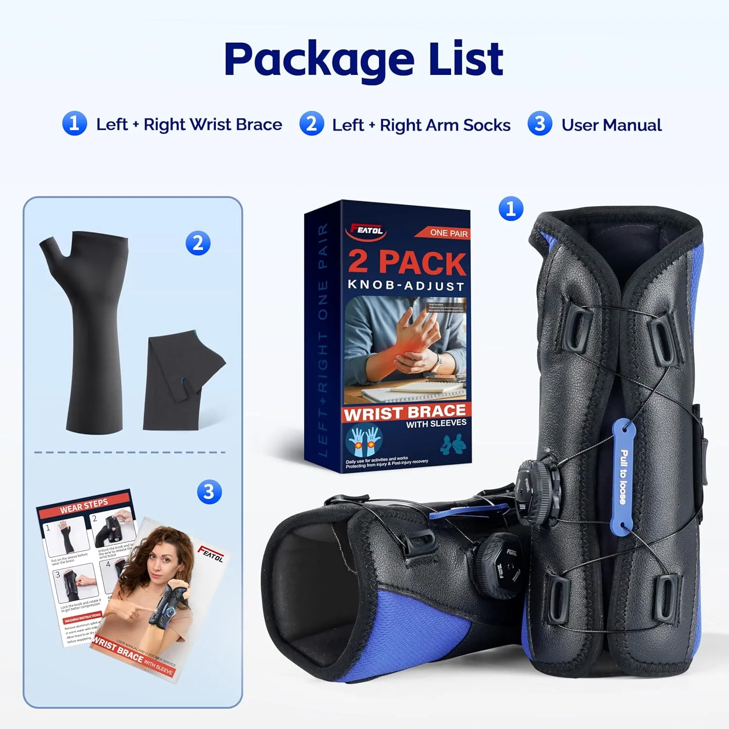 FEATOL 2 Pack Carpal Tunnel Wrist Brace for Night Support, Adjustable Hand Brace with Arm Socks for Tendonitis, Sprained, Arthritis Pain, Wrist Splint with Sleeves for Men & Women-Left & Right-Medium
