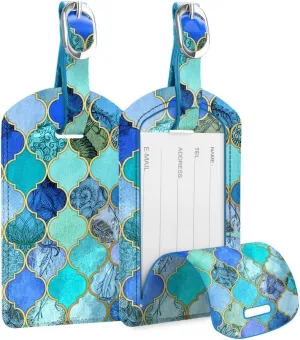 FINTIE 2 Pack Luggage Tags, Leather Name ID Labels with Privacy Cover for Travel Bag Suitcase, Theme - Cool Jade