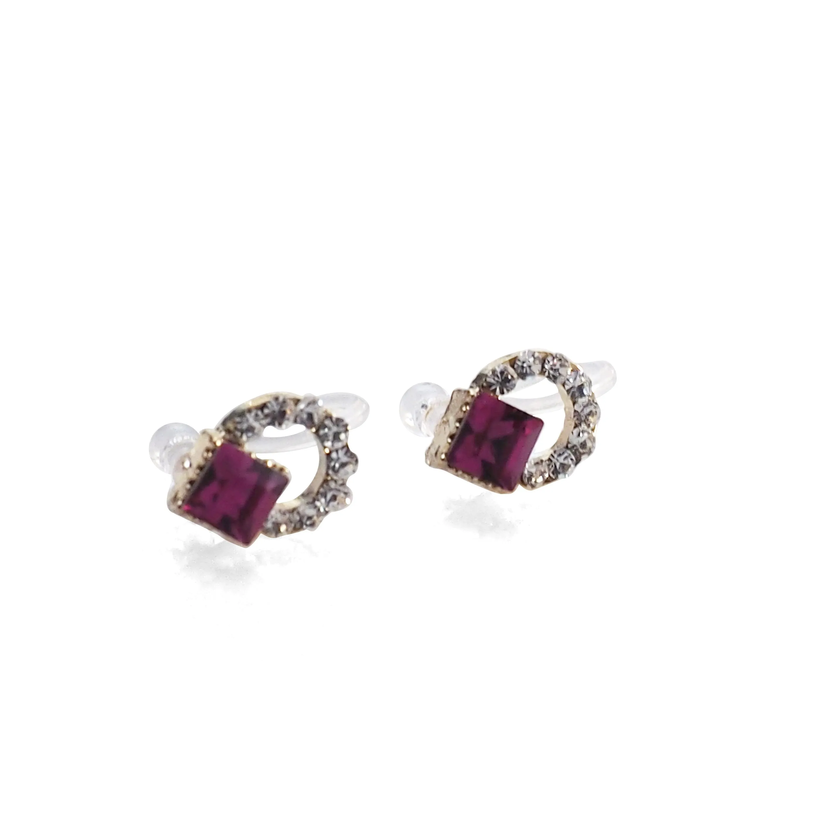 Fuchsia Pink Swarovski Hoop Rhinestone Invisible Clip On Stud Earrings