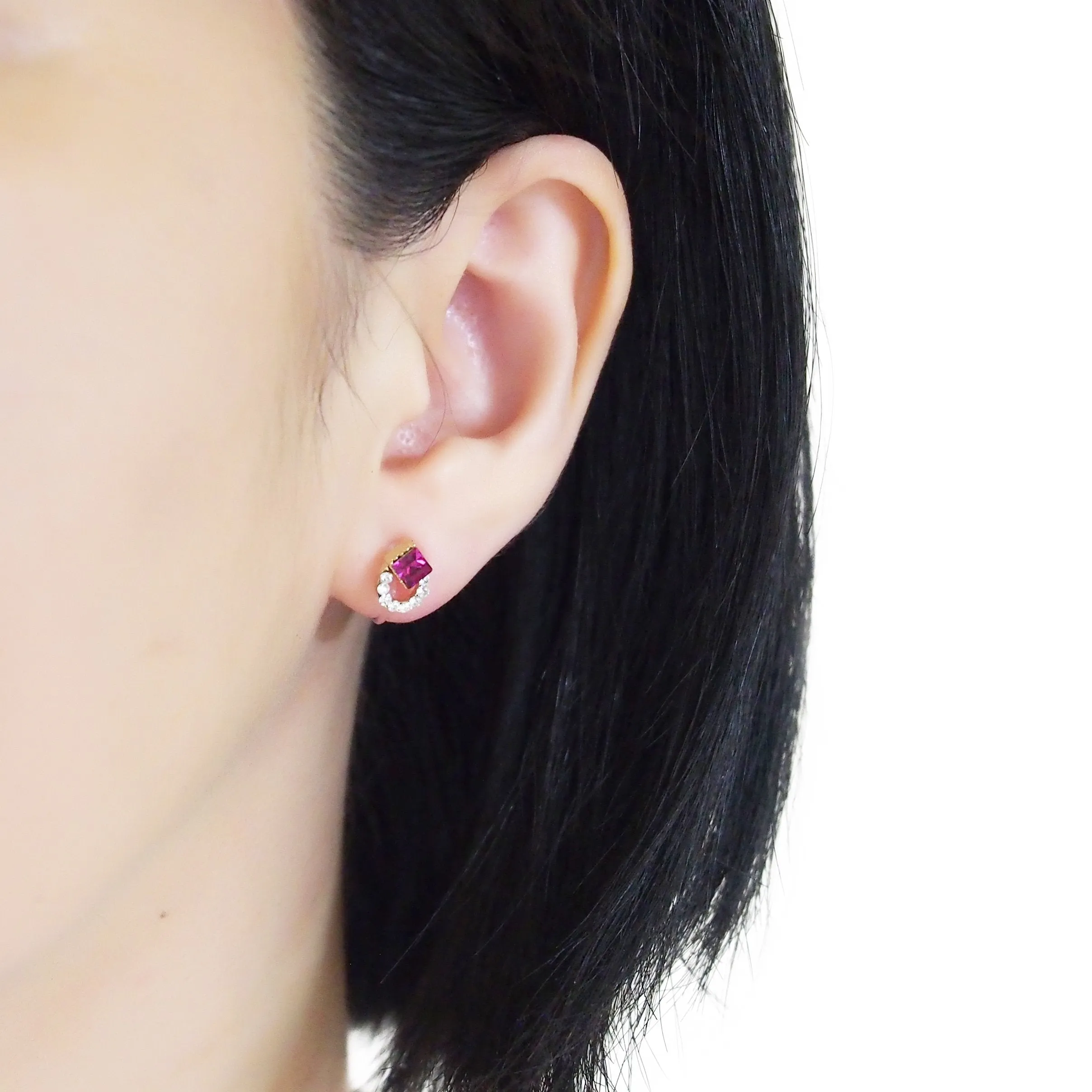 Fuchsia Pink Swarovski Hoop Rhinestone Invisible Clip On Stud Earrings