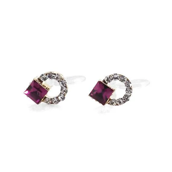 Fuchsia Pink Swarovski Hoop Rhinestone Invisible Clip On Stud Earrings