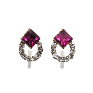 Fuchsia Pink Swarovski Hoop Rhinestone Invisible Clip On Stud Earrings
