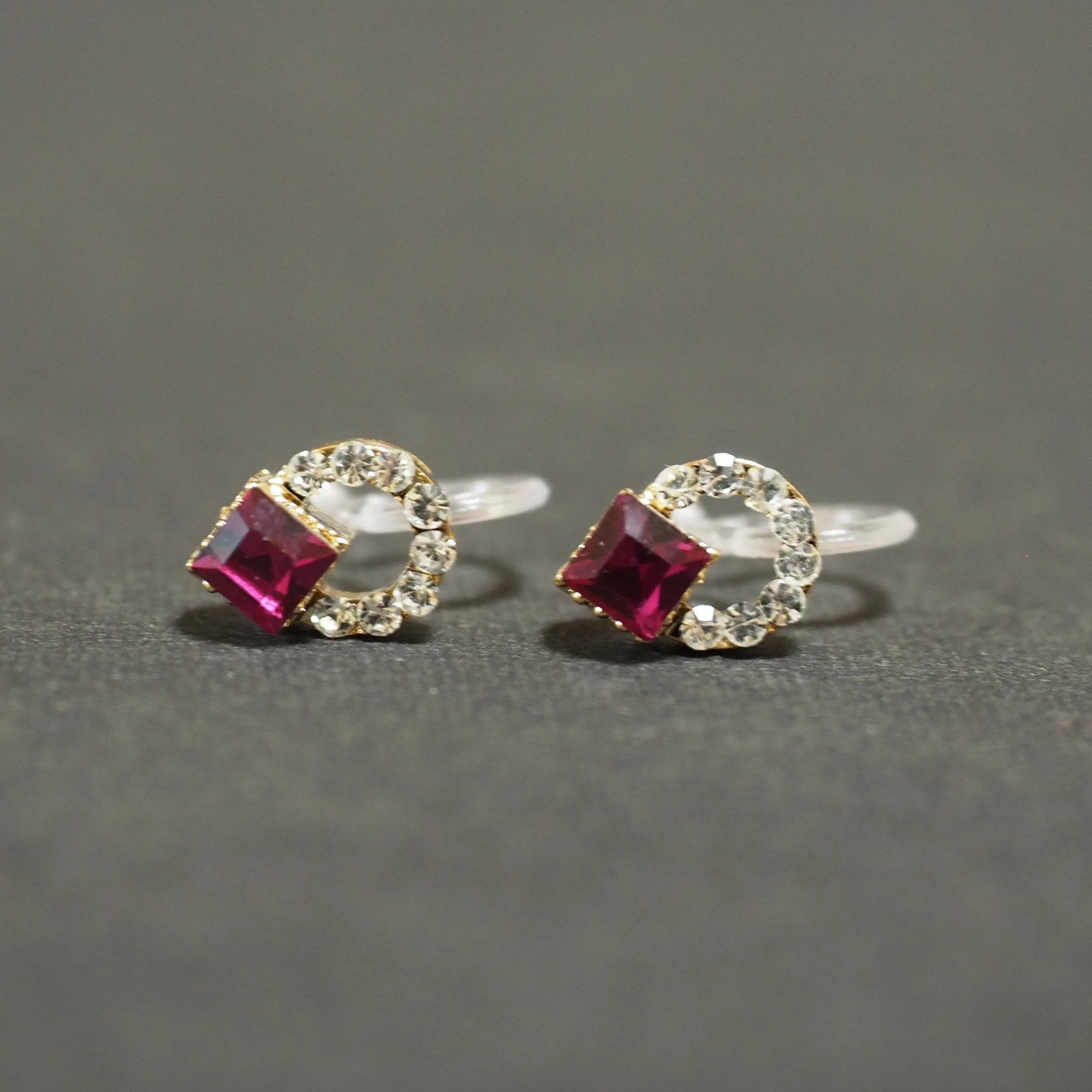 Fuchsia Pink Swarovski Hoop Rhinestone Invisible Clip On Stud Earrings