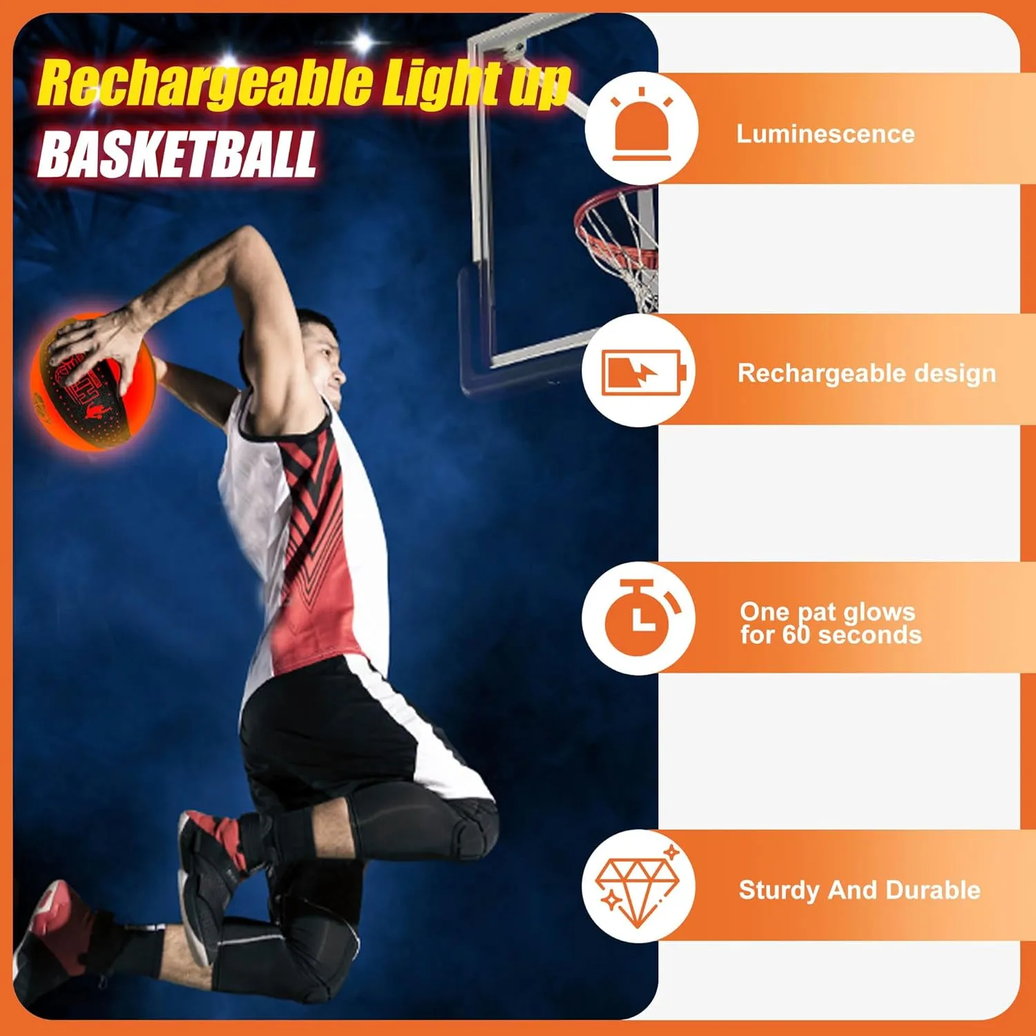 Glow in The Dark Basketball - Water-Resistant, Size 7, Impact Activated, Includes Pump, Manual, Pre-Installed Batteries & 10 Extra Batteries - Light Up Basketball - Star