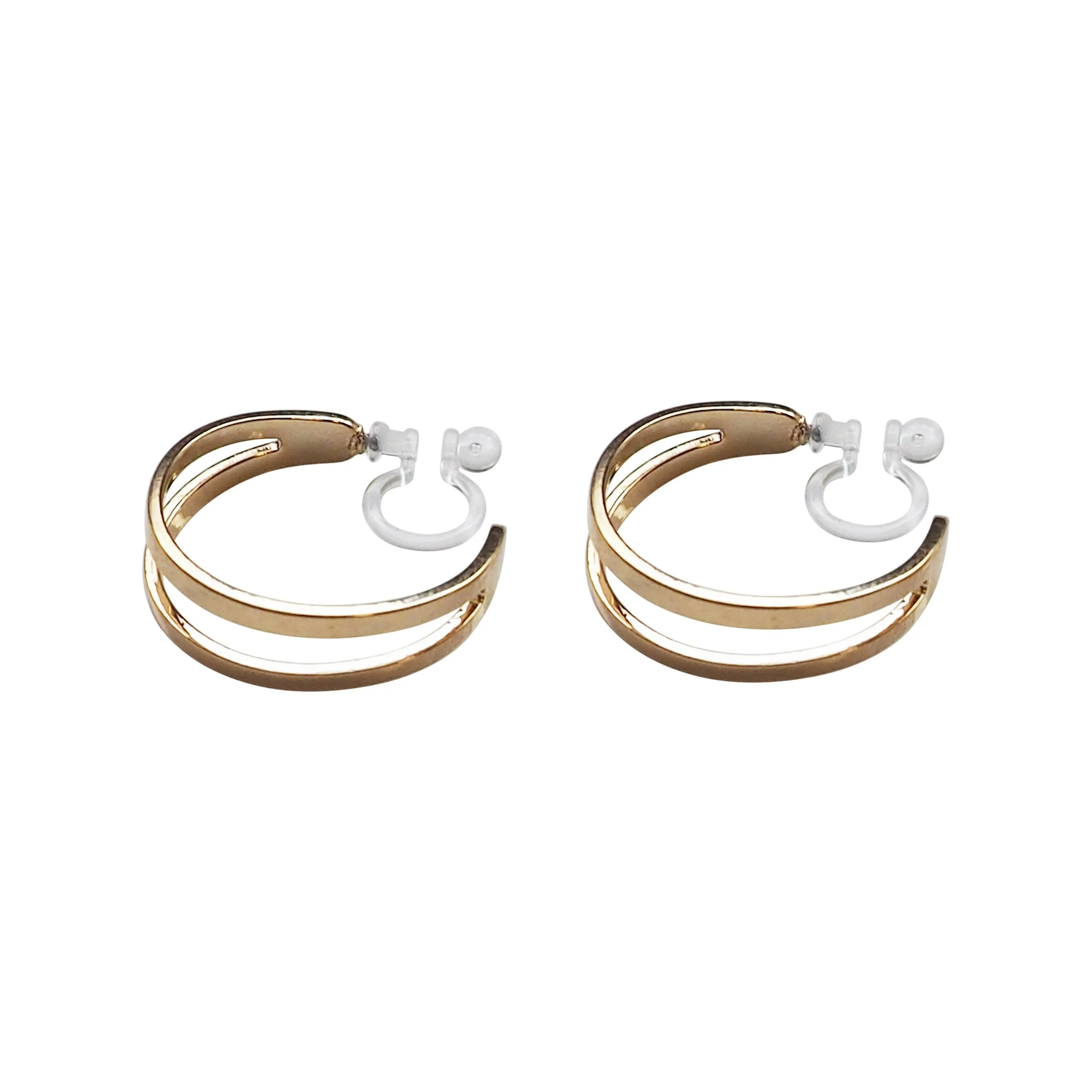 Gold Two Invisible Clip On Hoop Earrings
