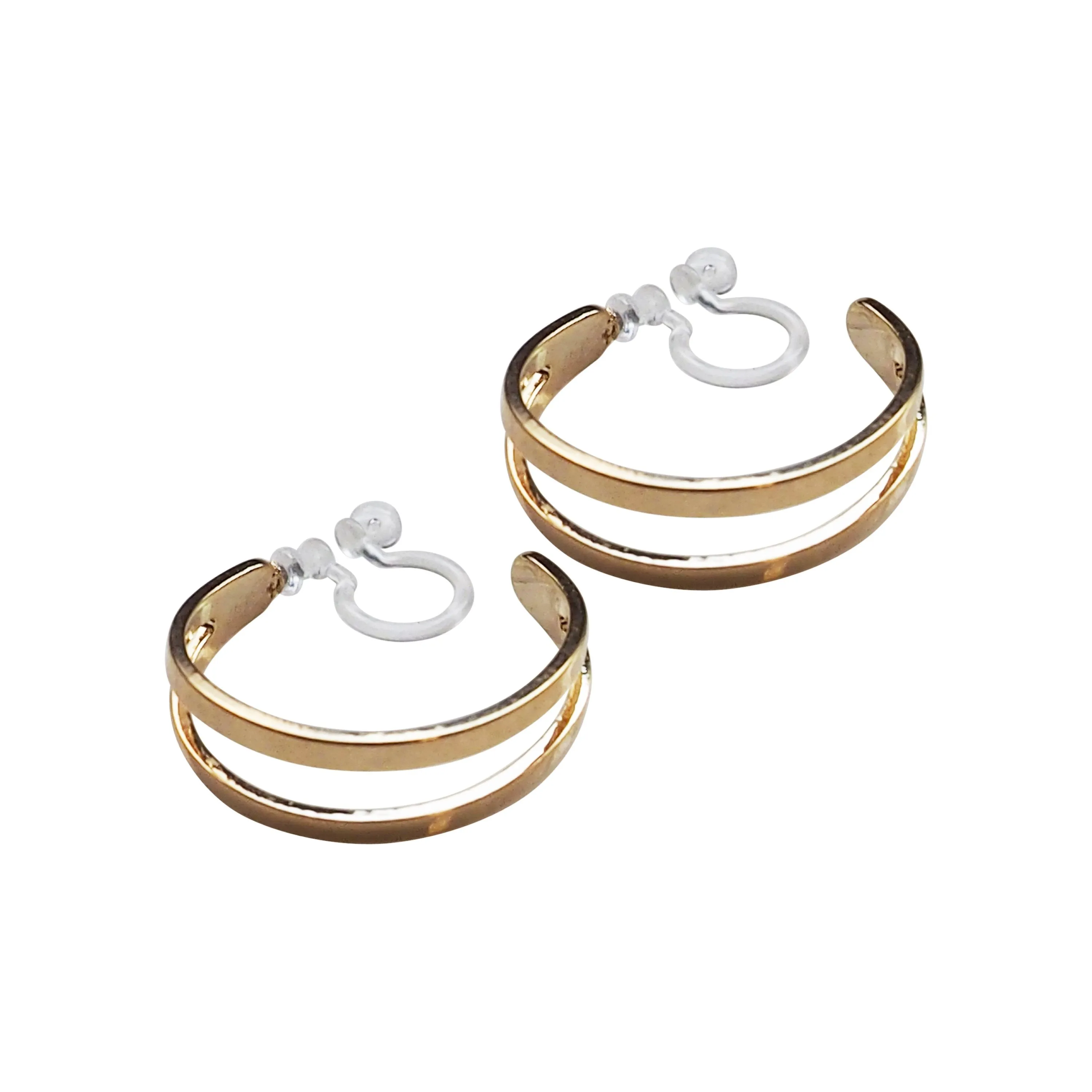 Gold Two Invisible Clip On Hoop Earrings