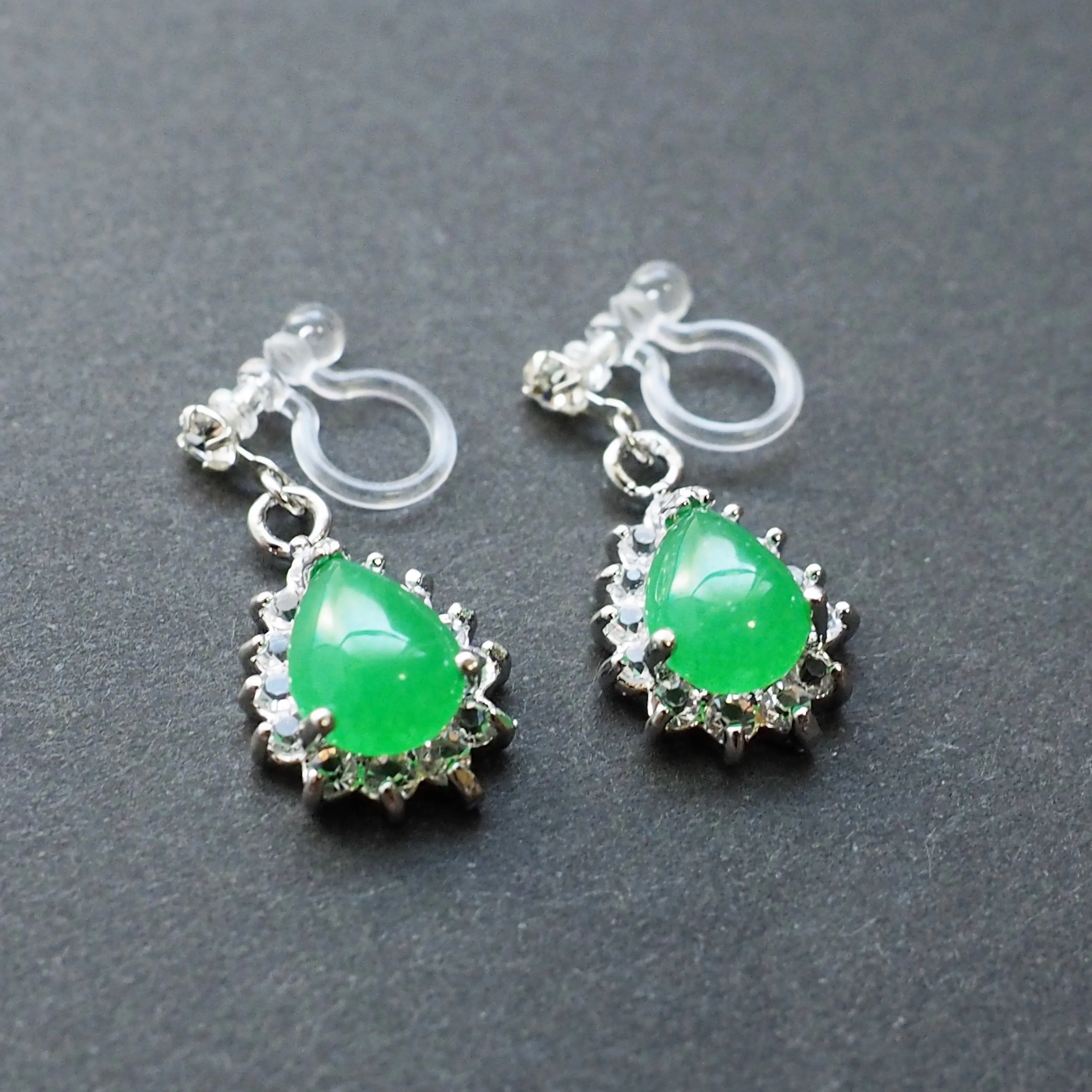 Green Jade Invisible Clip On Earrings