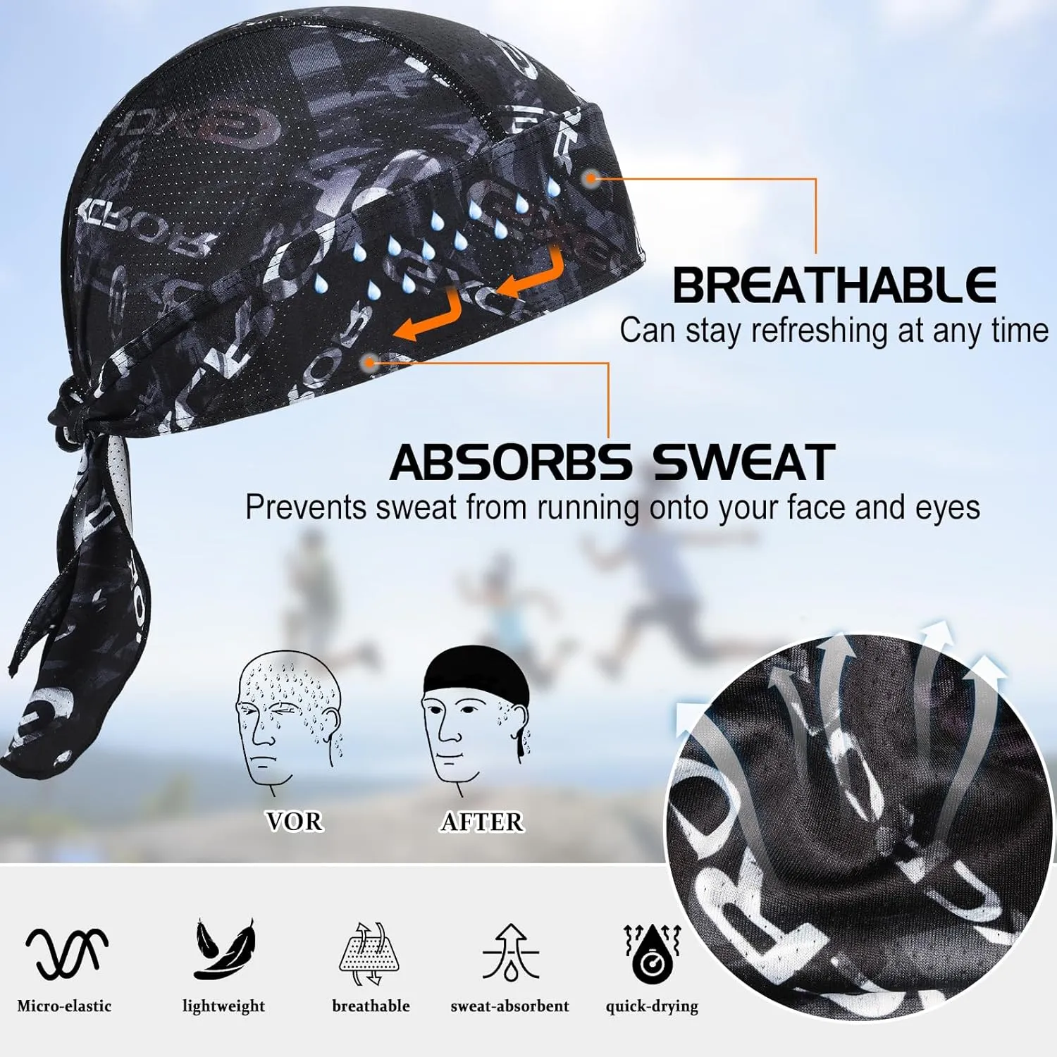 GXCROR Cooling Do Rags for Men Sports Bandanas Cap Skull Caps for Men Breathable Women Skull Cap Helmet Liner Cycling Hat Durags for Outdoor Activities