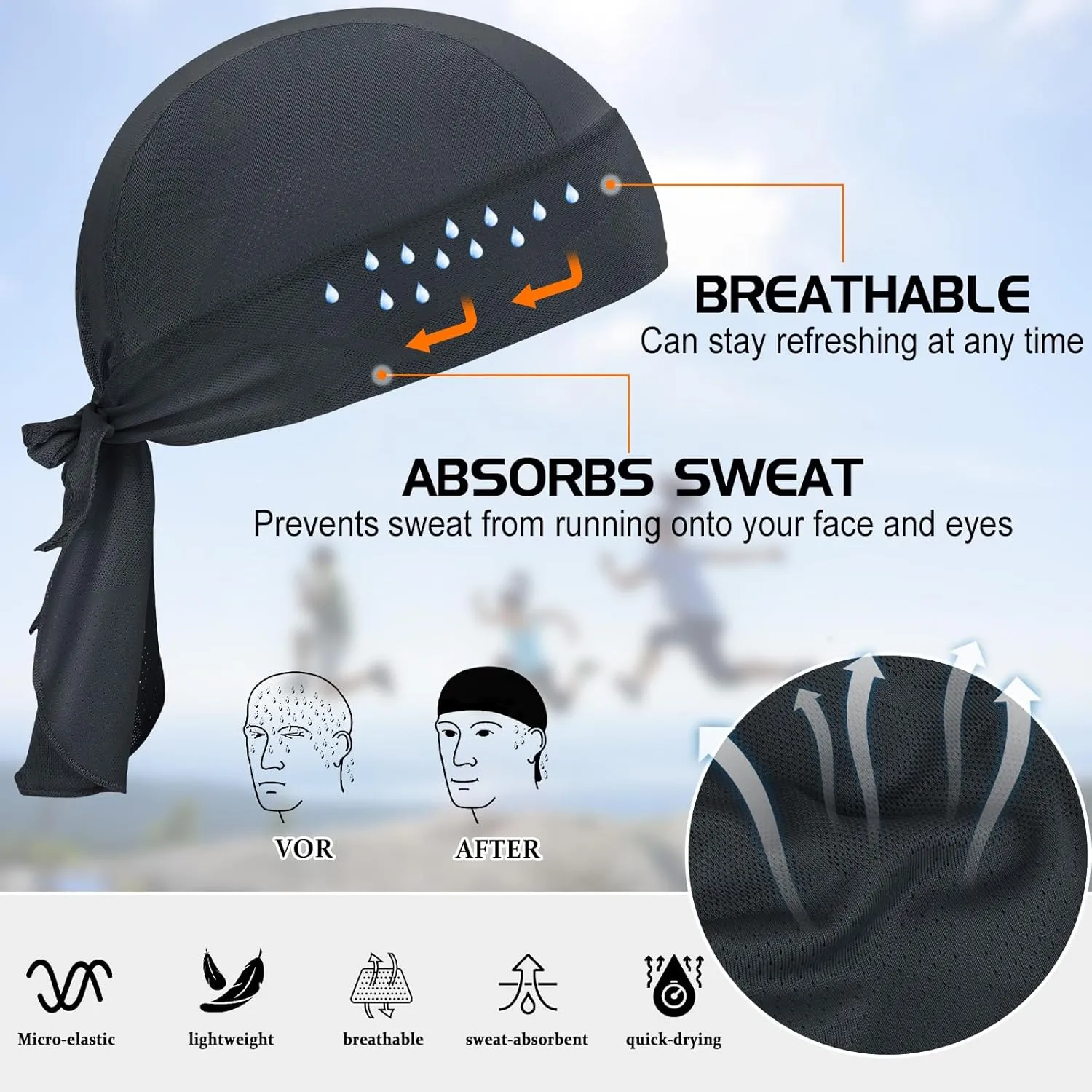 GXCROR Cooling Do Rags for Men Sports Bandanas Cap Skull Caps for Men Breathable Women Skull Cap Helmet Liner Cycling Hat Durags for Outdoor Activities