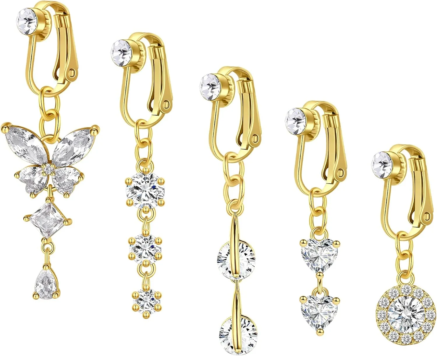 Incaton Fake Belly Button Ring Clip-On for Women - CZ Dangle Heart Non-Piercing Jewelry - Gold