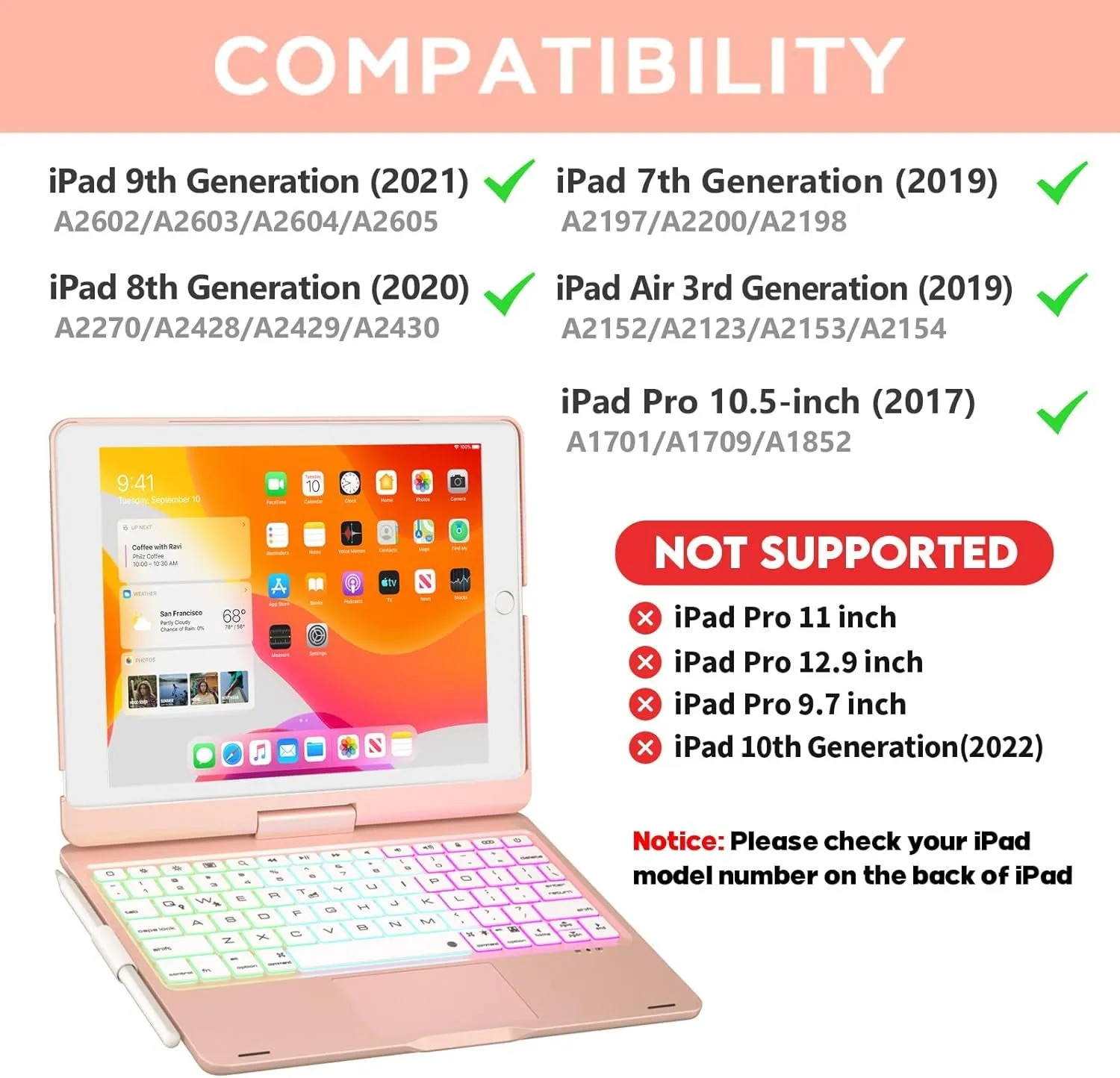 Ipad 9Th Generation Case with Keyboard, 360° Rotatable Touchpad and 7 Color Backlight & Pencil Holder for Ipad 9Th/8Th/7Th Gen 10.2 Inch & Ipad Air 3Rd Gen/Ipad Pro 10.5 Inch - Rose Gold