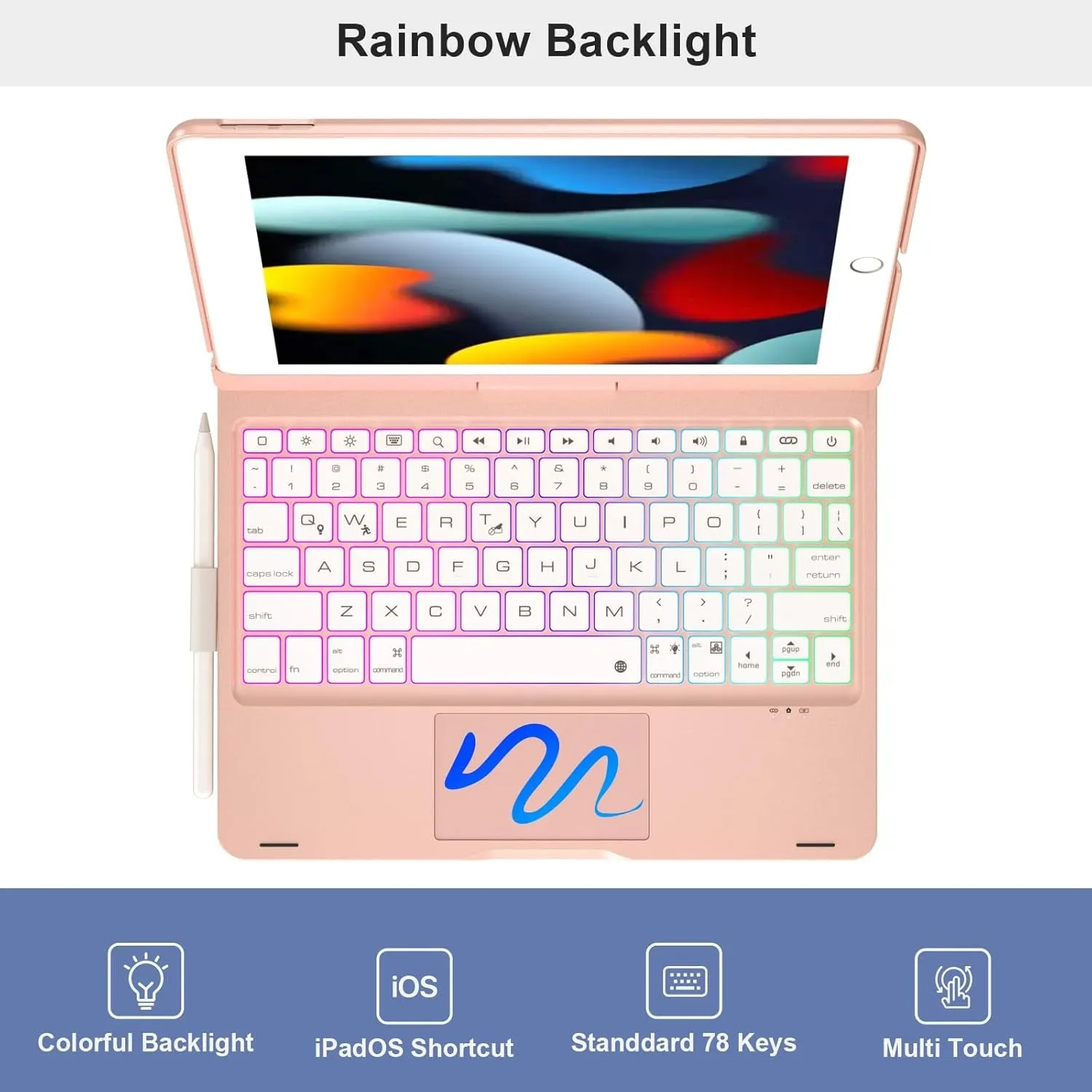 Ipad 9Th Generation Case with Keyboard, 360° Rotatable Touchpad and 7 Color Backlight & Pencil Holder for Ipad 9Th/8Th/7Th Gen 10.2 Inch & Ipad Air 3Rd Gen/Ipad Pro 10.5 Inch - Rose Gold