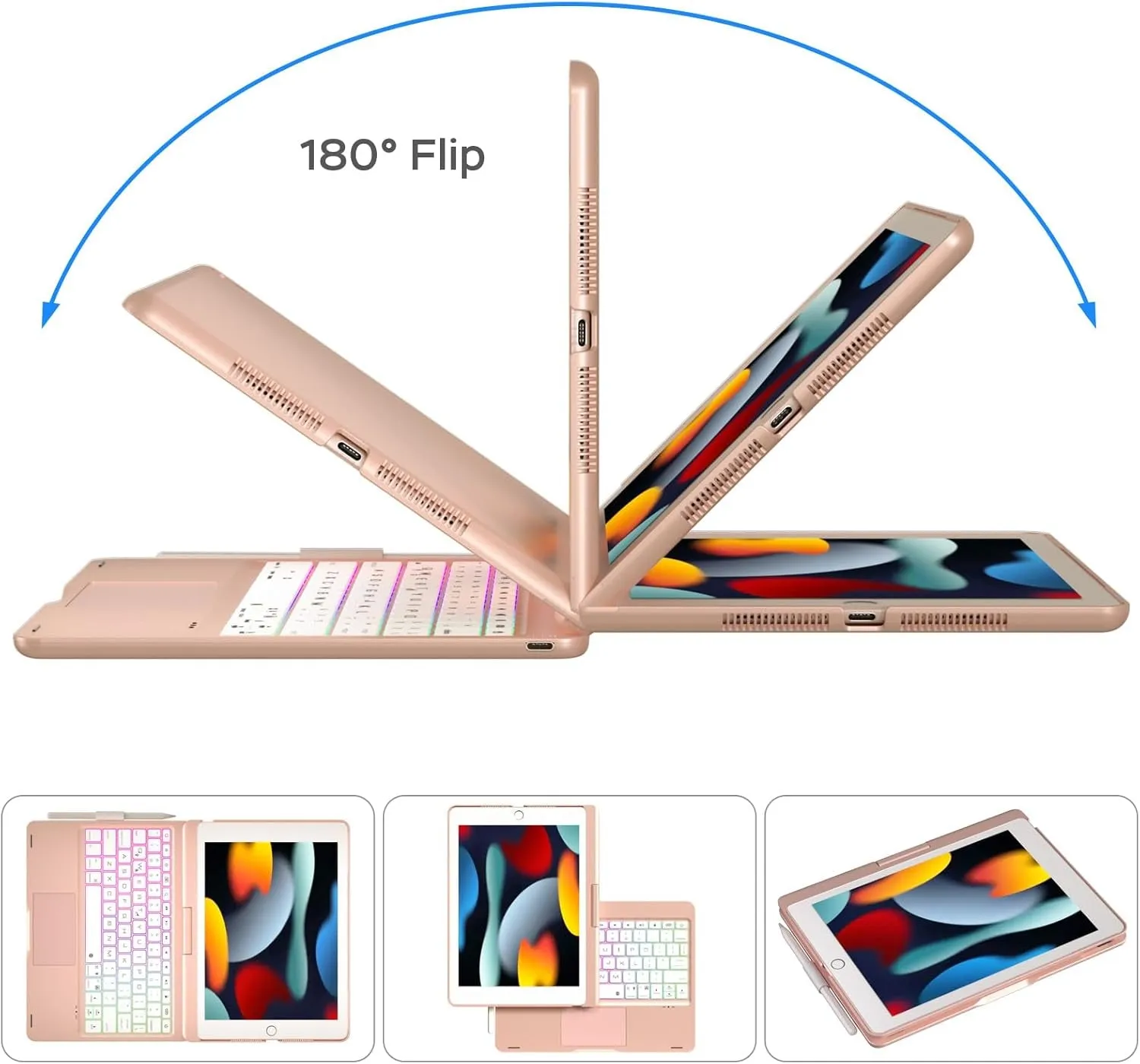 Ipad 9Th Generation Case with Keyboard, 360° Rotatable Touchpad and 7 Color Backlight & Pencil Holder for Ipad 9Th/8Th/7Th Gen 10.2 Inch & Ipad Air 3Rd Gen/Ipad Pro 10.5 Inch - Rose Gold
