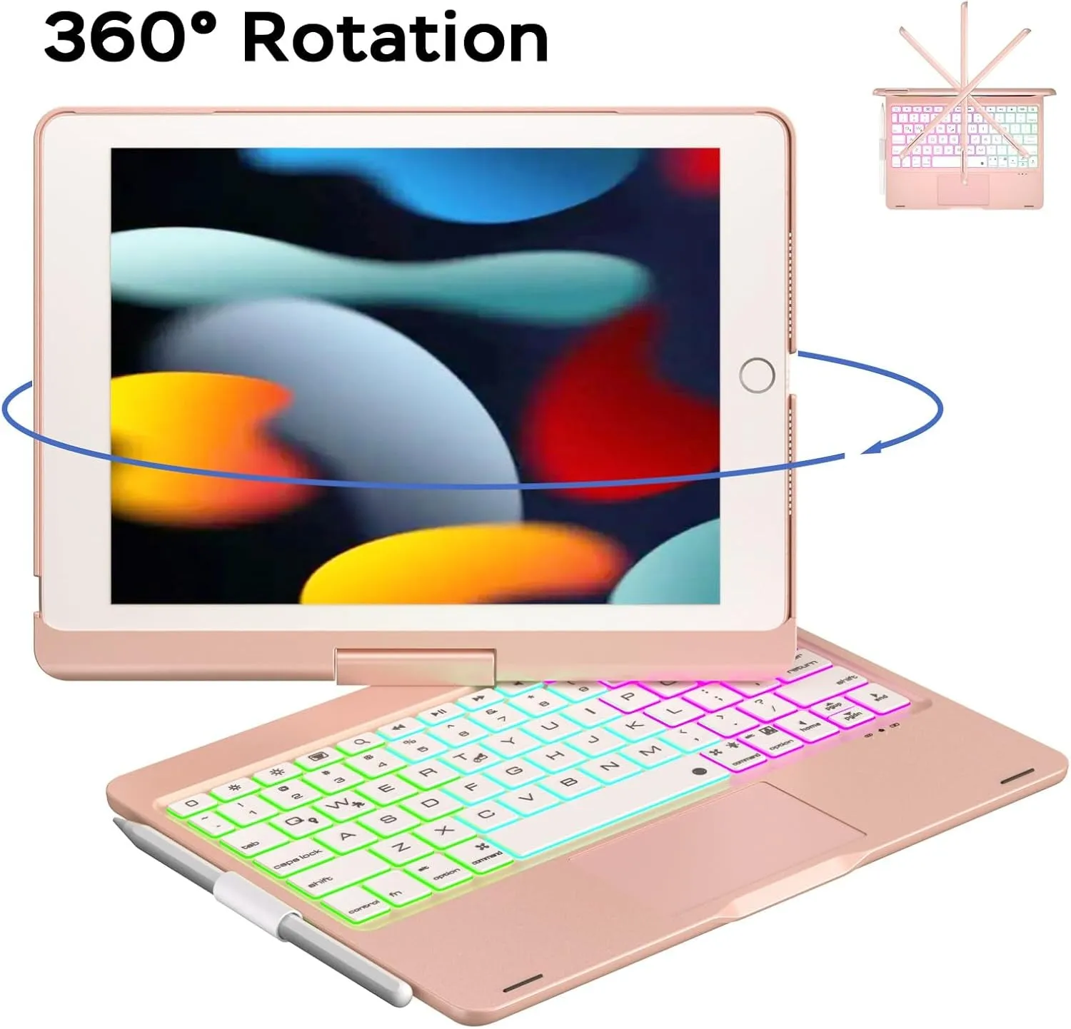 Ipad 9Th Generation Case with Keyboard, 360° Rotatable Touchpad and 7 Color Backlight & Pencil Holder for Ipad 9Th/8Th/7Th Gen 10.2 Inch & Ipad Air 3Rd Gen/Ipad Pro 10.5 Inch - Rose Gold