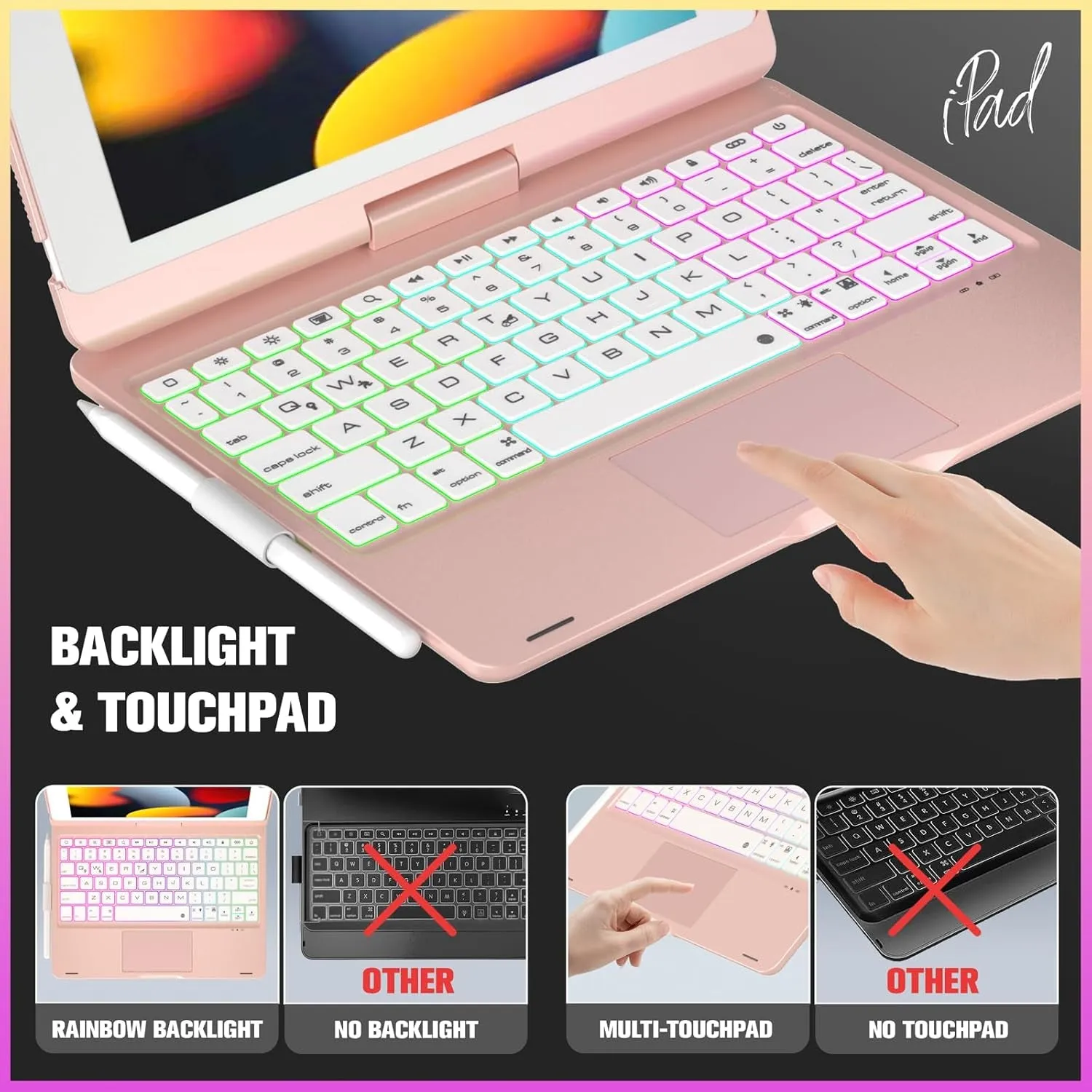 Ipad 9Th Generation Case with Keyboard, 360° Rotatable Touchpad and 7 Color Backlight & Pencil Holder for Ipad 9Th/8Th/7Th Gen 10.2 Inch & Ipad Air 3Rd Gen/Ipad Pro 10.5 Inch - Rose Gold