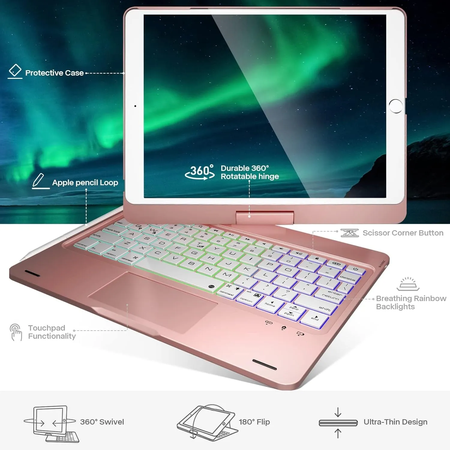 Ipad 9Th Generation Case with Keyboard, 360° Rotatable Touchpad and 7 Color Backlight & Pencil Holder for Ipad 9Th/8Th/7Th Gen 10.2 Inch & Ipad Air 3Rd Gen/Ipad Pro 10.5 Inch - Rose Gold