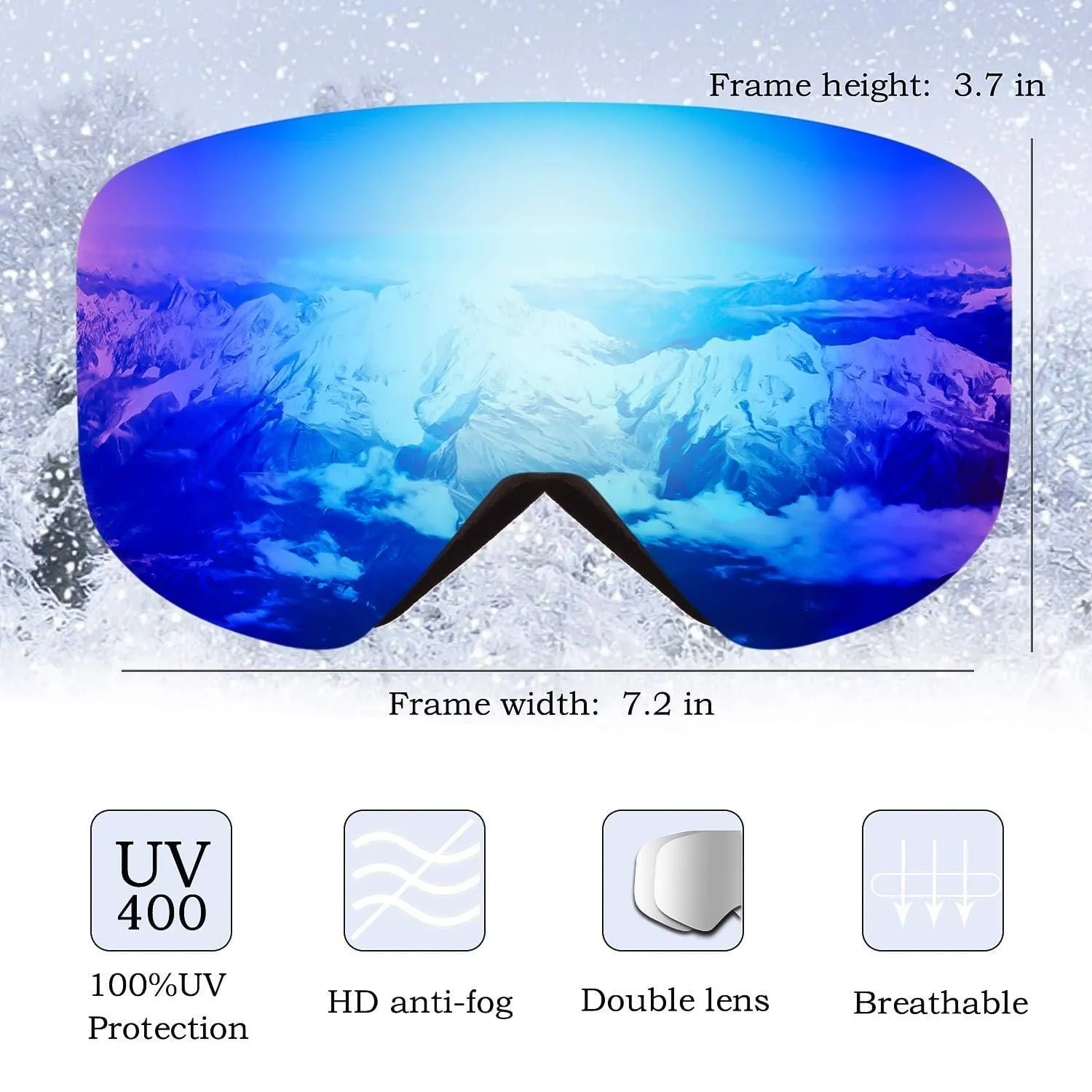 Karsaer Ski Goggles Snowboard Snow Goggles OTG Magnet Dual Layers Lens UV Protection Anti-Fog UV Protection Scratch Resistant Anti-Slip Strap for Men Women
