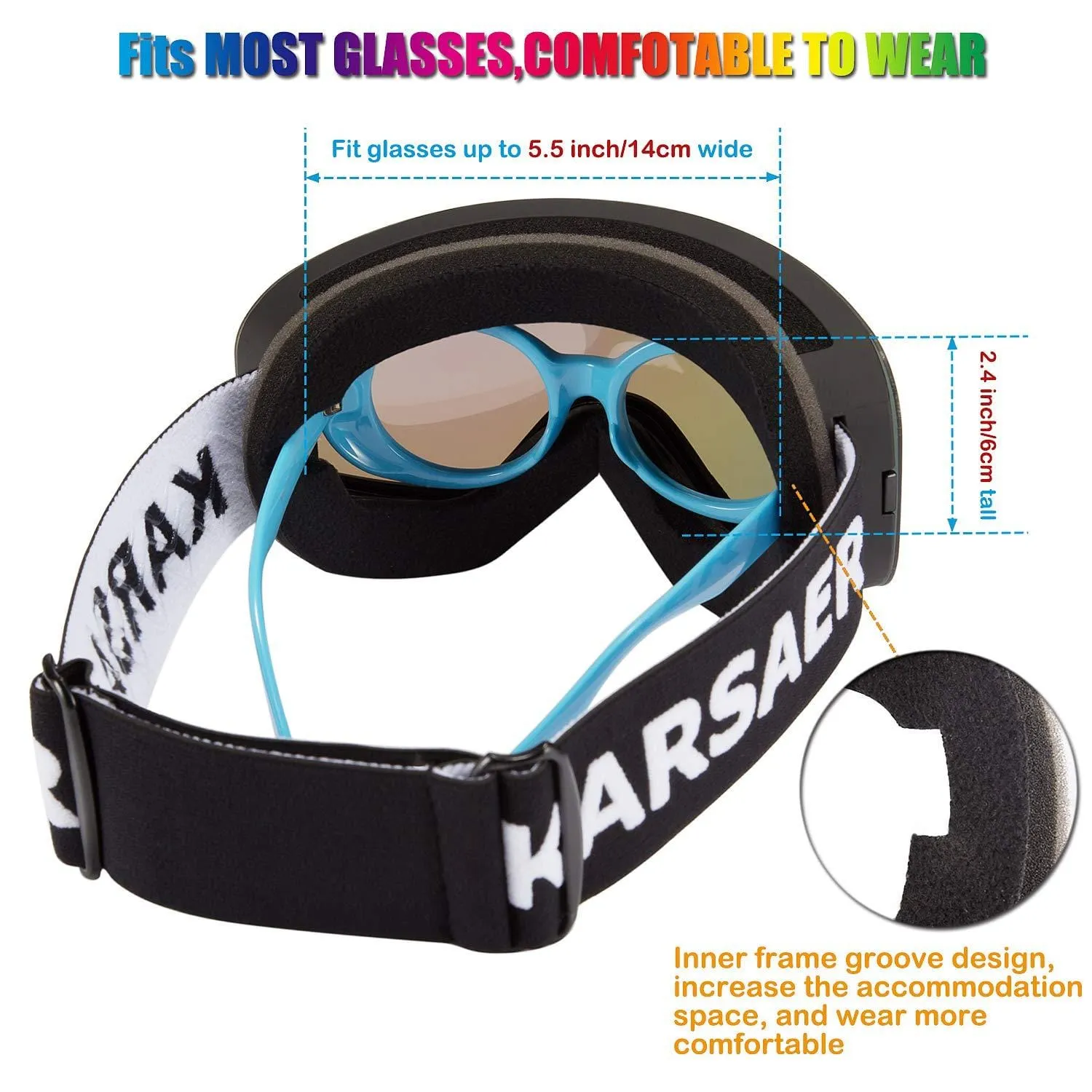 Karsaer Ski Goggles Snowboard Snow Goggles OTG Magnet Dual Layers Lens UV Protection Anti-Fog UV Protection Scratch Resistant Anti-Slip Strap for Men Women