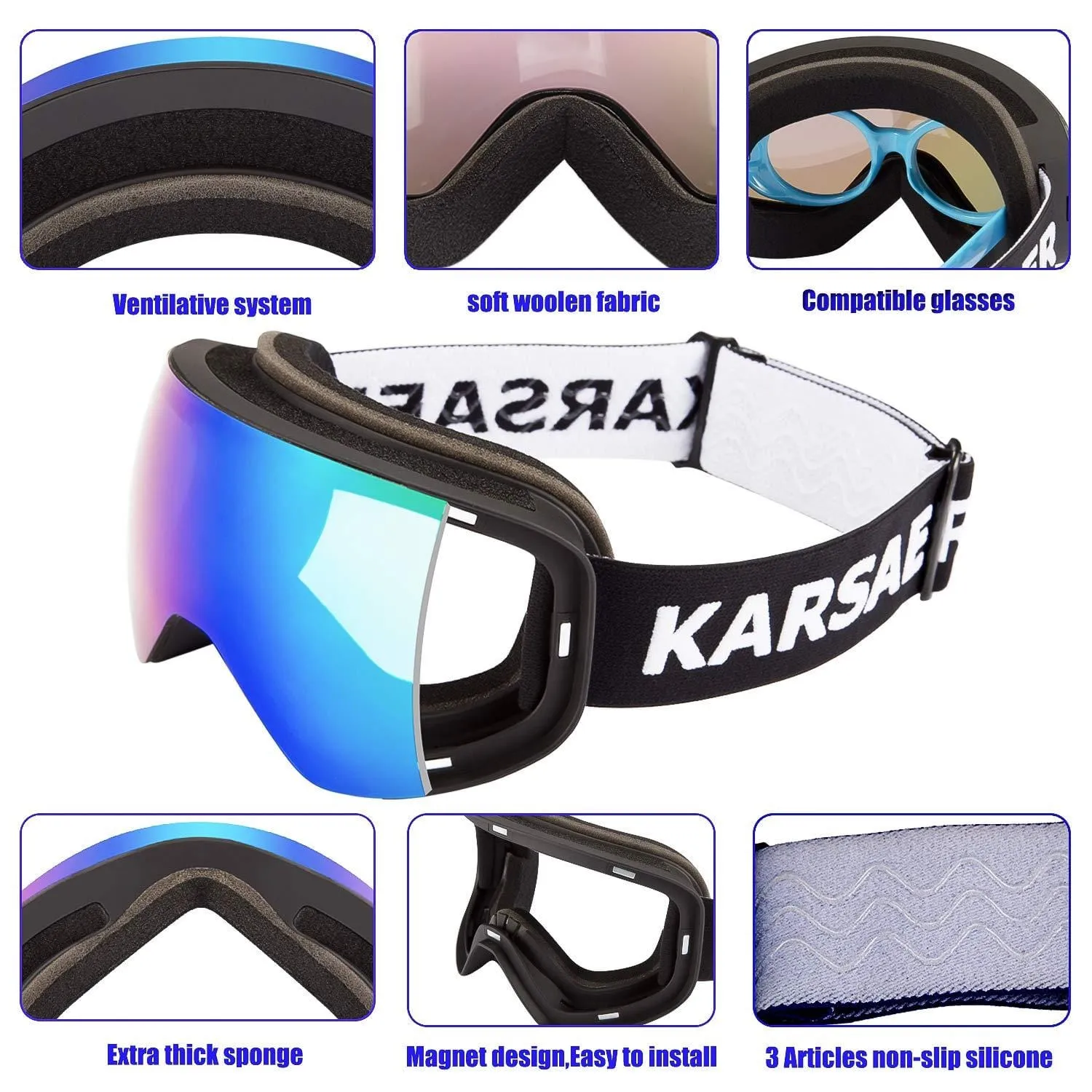 Karsaer Ski Goggles Snowboard Snow Goggles OTG Magnet Dual Layers Lens UV Protection Anti-Fog UV Protection Scratch Resistant Anti-Slip Strap for Men Women