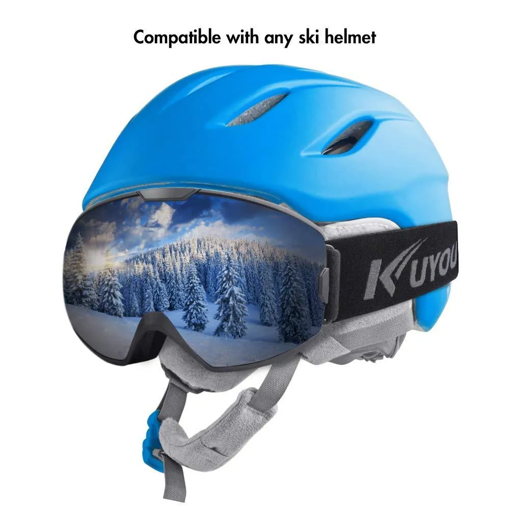 KUYOU Ski Goggles - OTG Snow Goggles,Over The Glasses Snowboard Goggles Anti-Fog 100% UV Protection for Men Women Youth (Black, M :Youth/Adult)