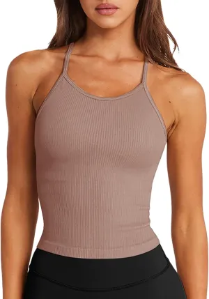 LASLULU Womens Sports Bra Seamless Long Crop Tank Racer Back Spaghetti Strap Workout Yoga Bra Padded Halter Neck Casual Tops